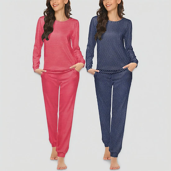 Ekouaer Women Crew Neck Long Sleeve 2 Piece Pajama Set With Handy Side Pockets