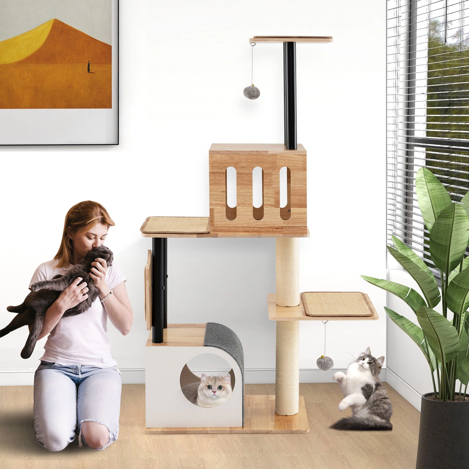 SlickBlue Tall Cat Tree with Double Cat Houses & Sisal Scratchers
