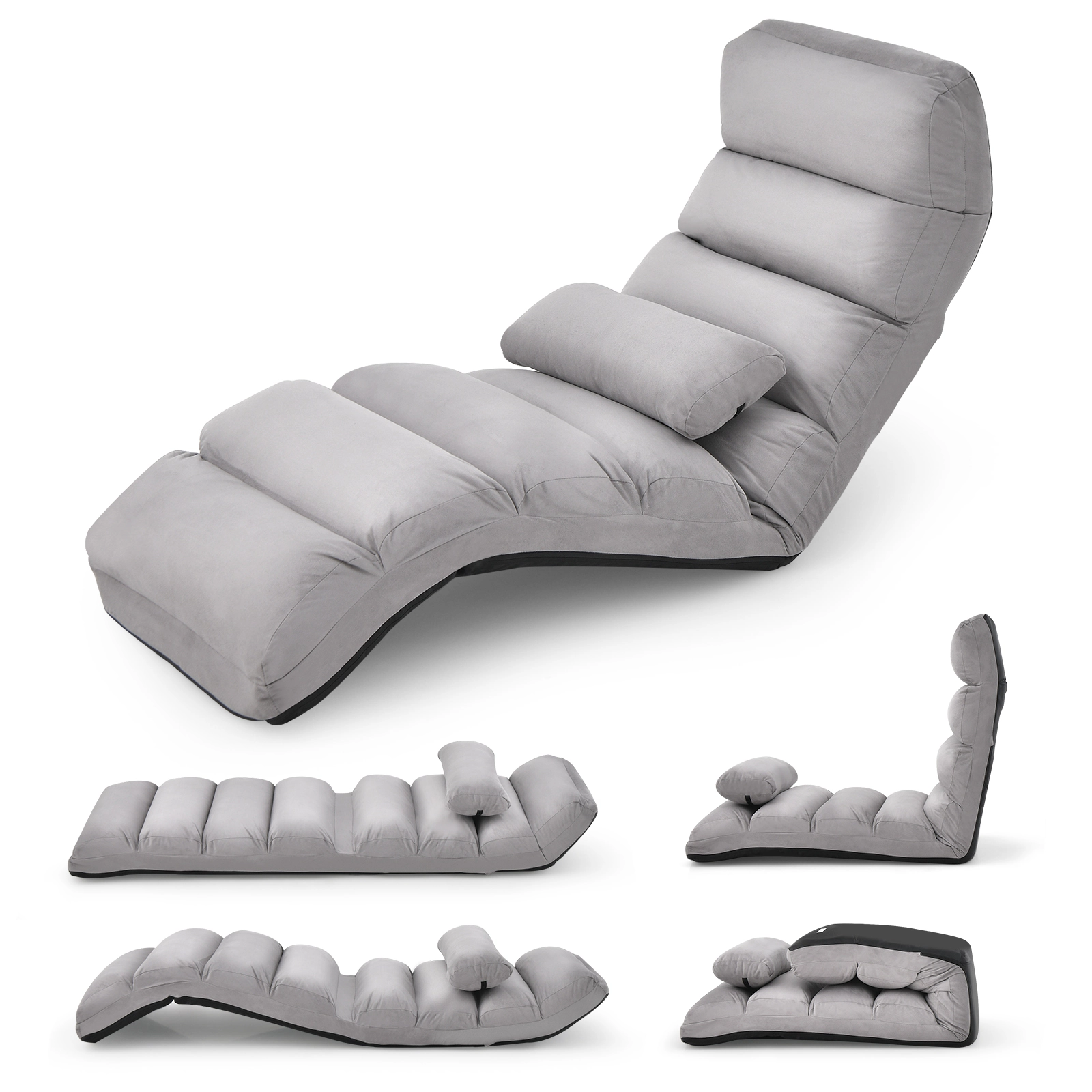 SUGIFT 5-Position Backrest 3-Position Footrest Faux Suede Floor Sofa Chair 70-in x 22-in x 8.5-in 230-lb Capacity Gray