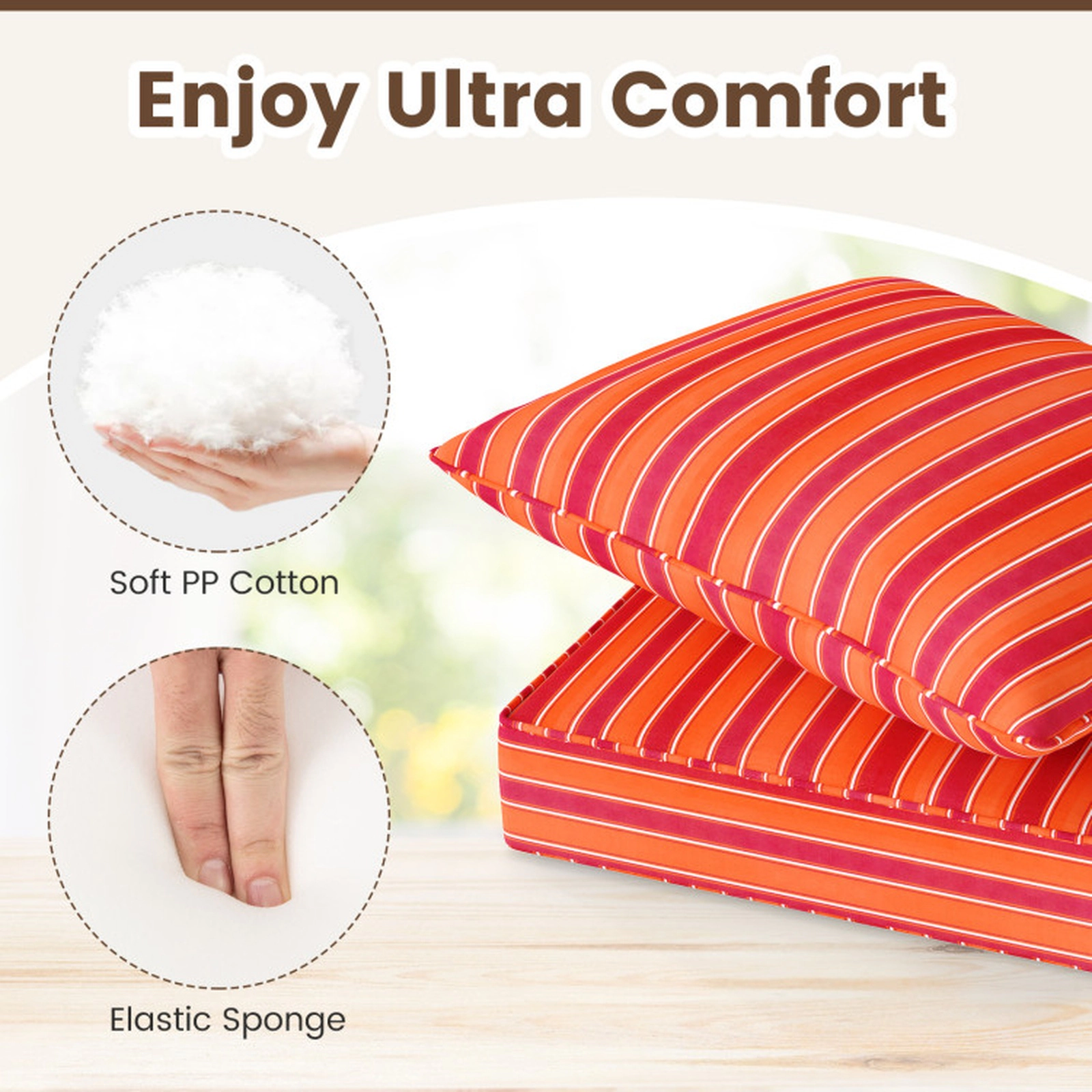 SUGIFT Orange Deep Seat Outdoor Patio Chair Cushion Set with Back Pad and Rope Belts 25-in W 25-in D 5-in H