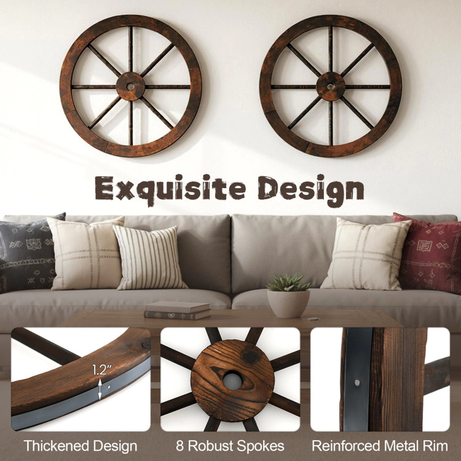 SUGIFT Retro-Inspired Decorative Wooden Wagon Wheel Set of 2 Yard Art 24-in Diameter Carbonized Fir Wood Rustic Brown