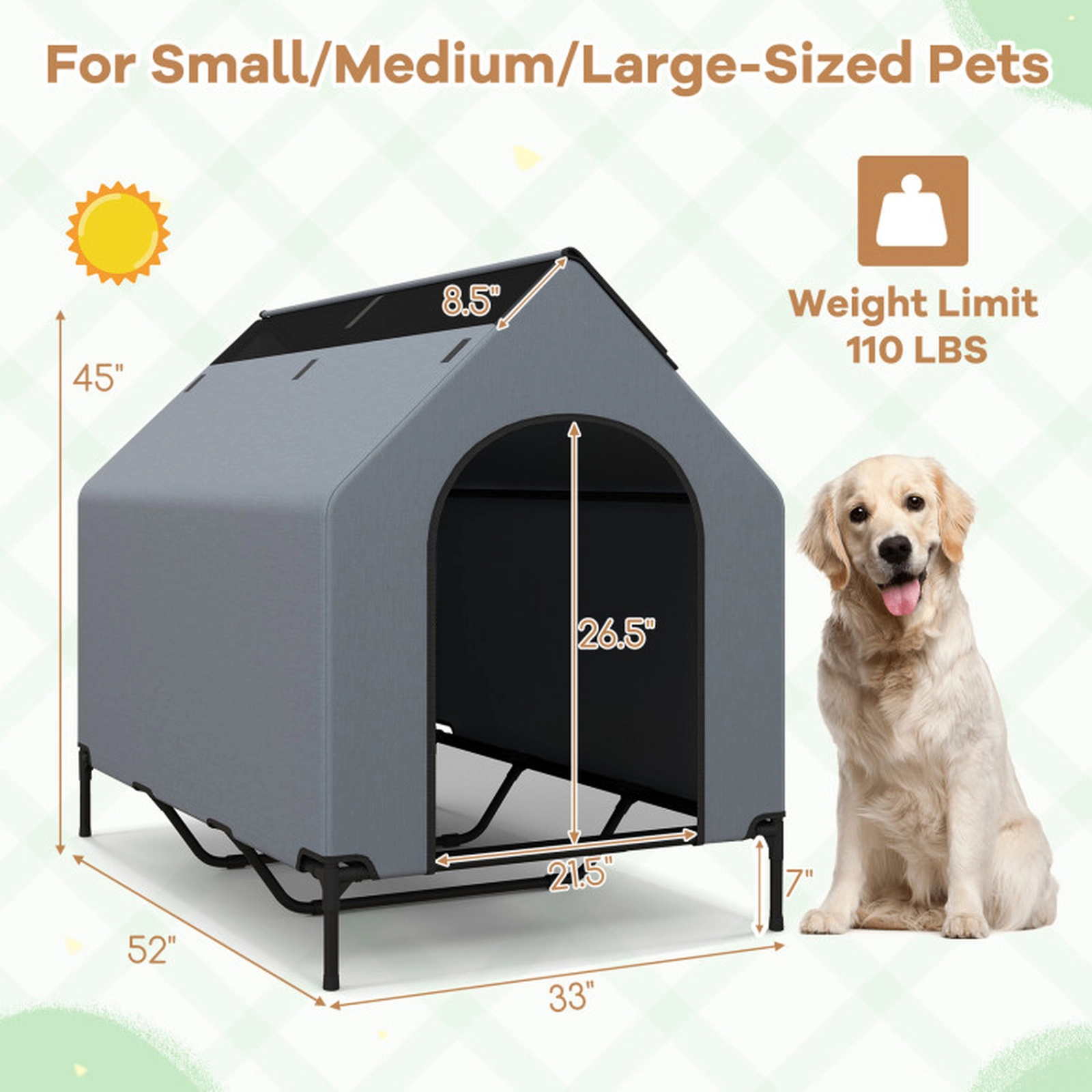 SUGIFT Large 110-lb Capacity Elevated Outdoor Dog House with Waterproof Canopy and 2 Roll-Up Mesh Windows