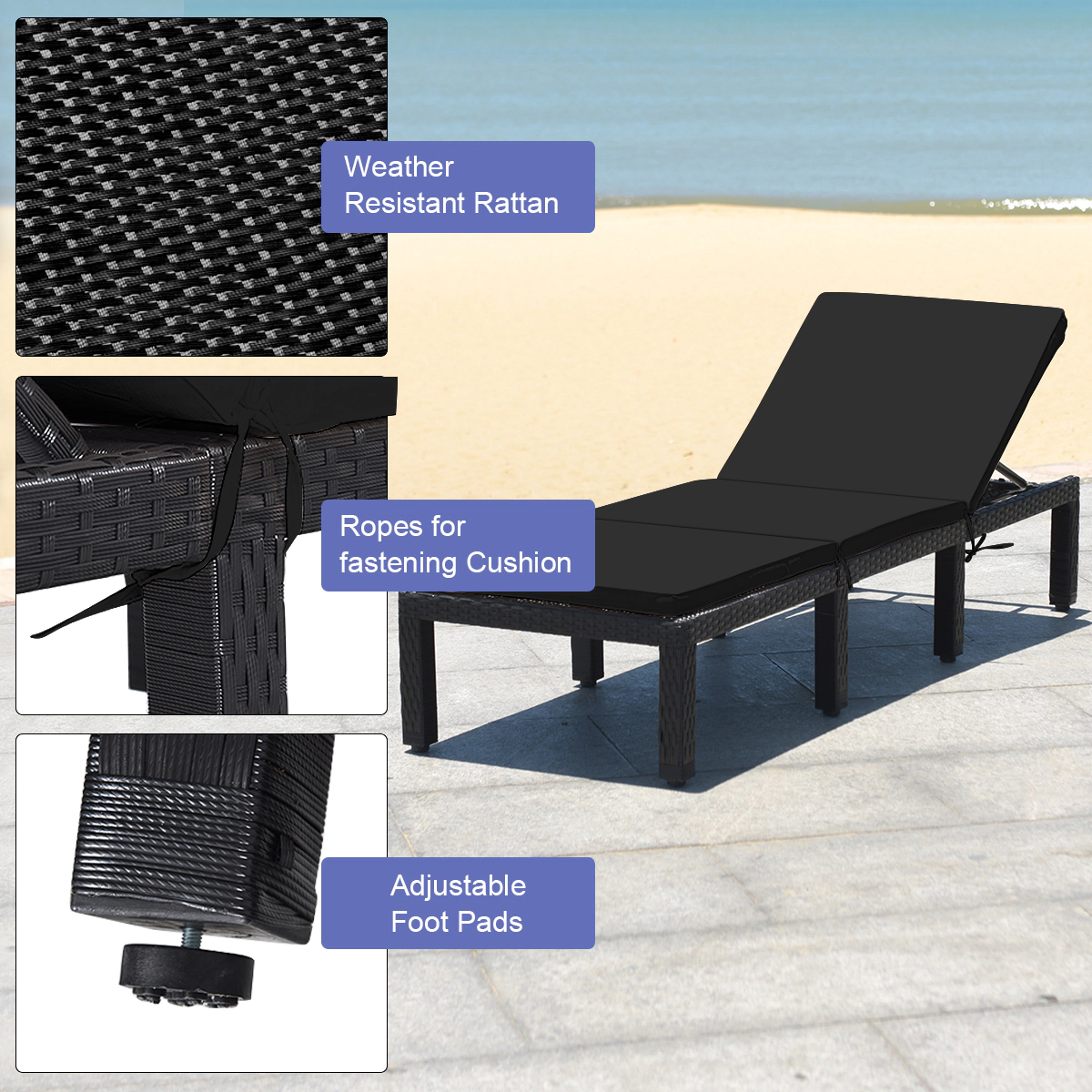 Hivvago Patio Rattan Cushioned Height Adjustable Lounge Chair