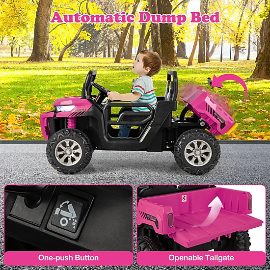 Costway 24V Ride on Dump Truck Electric 2-Seater Kids UTV w/Dump Bed & Bight Lights and Remote Control Red