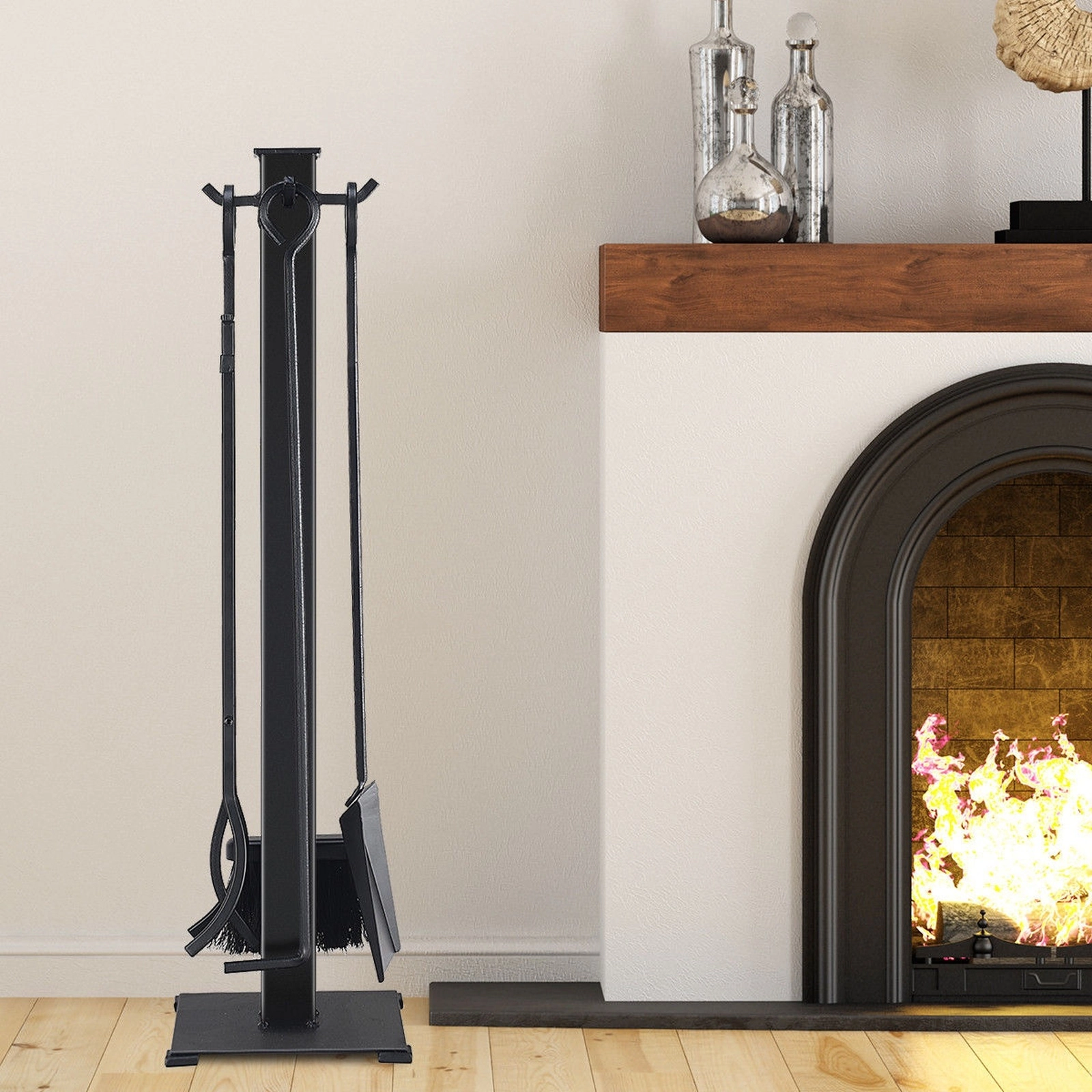 SUGIFT 5-Piece Side Hooks Rust-Resistant Steel Fireplace Tool Set 8.5-in x 8.5-in x 32-in Stand 14.5-lb Black