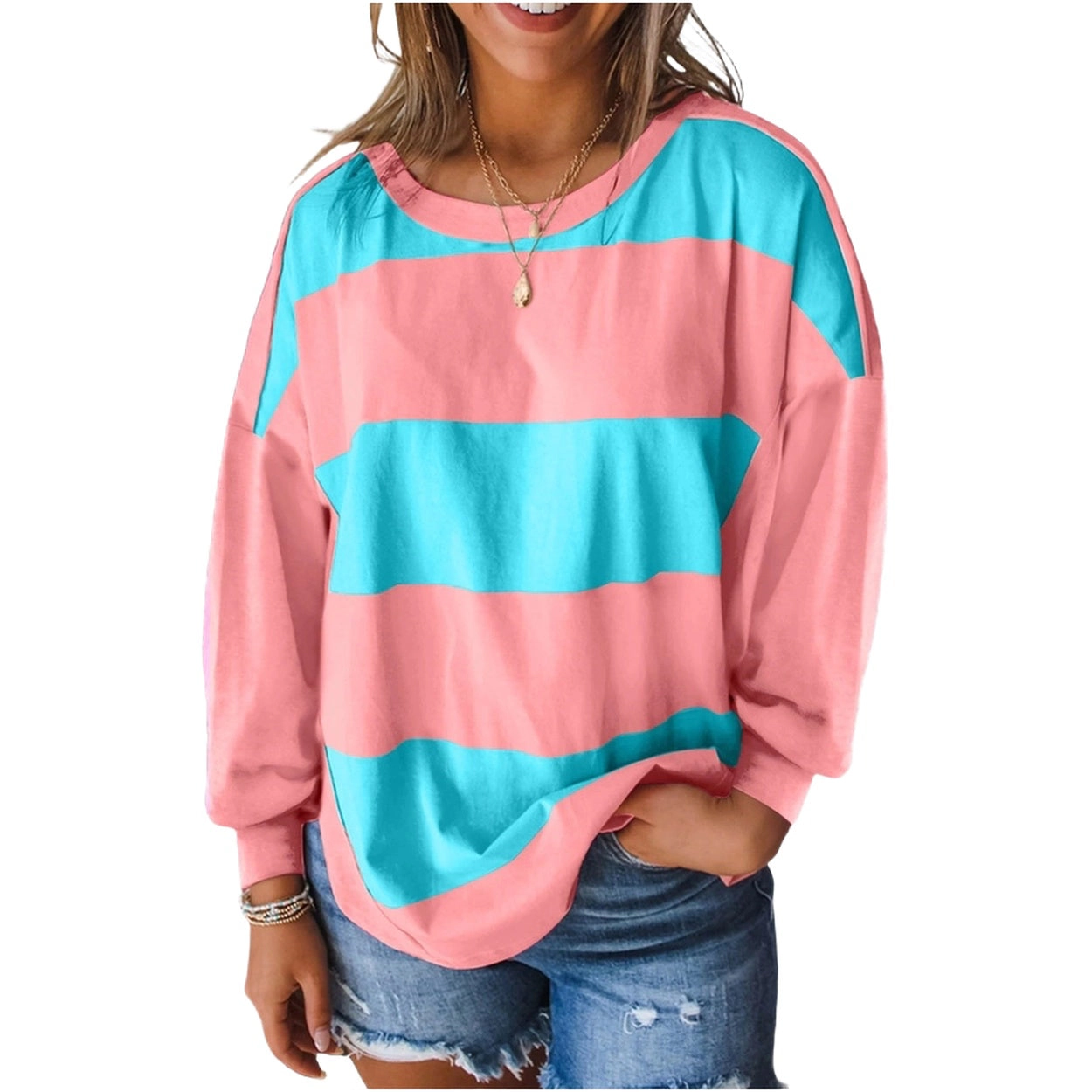 Sol Living Womens Colorblock Striped Drop Shoulder Loose Top