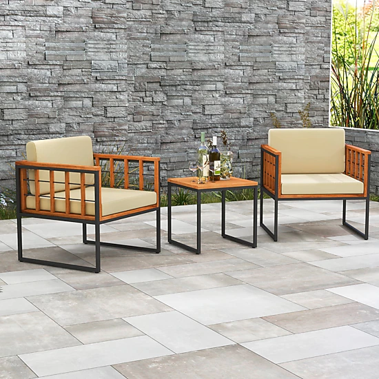 LJG 3 Pieces Patio Chair Set Acacia Wood Outdoor Sofa Set with Soft Cushions
