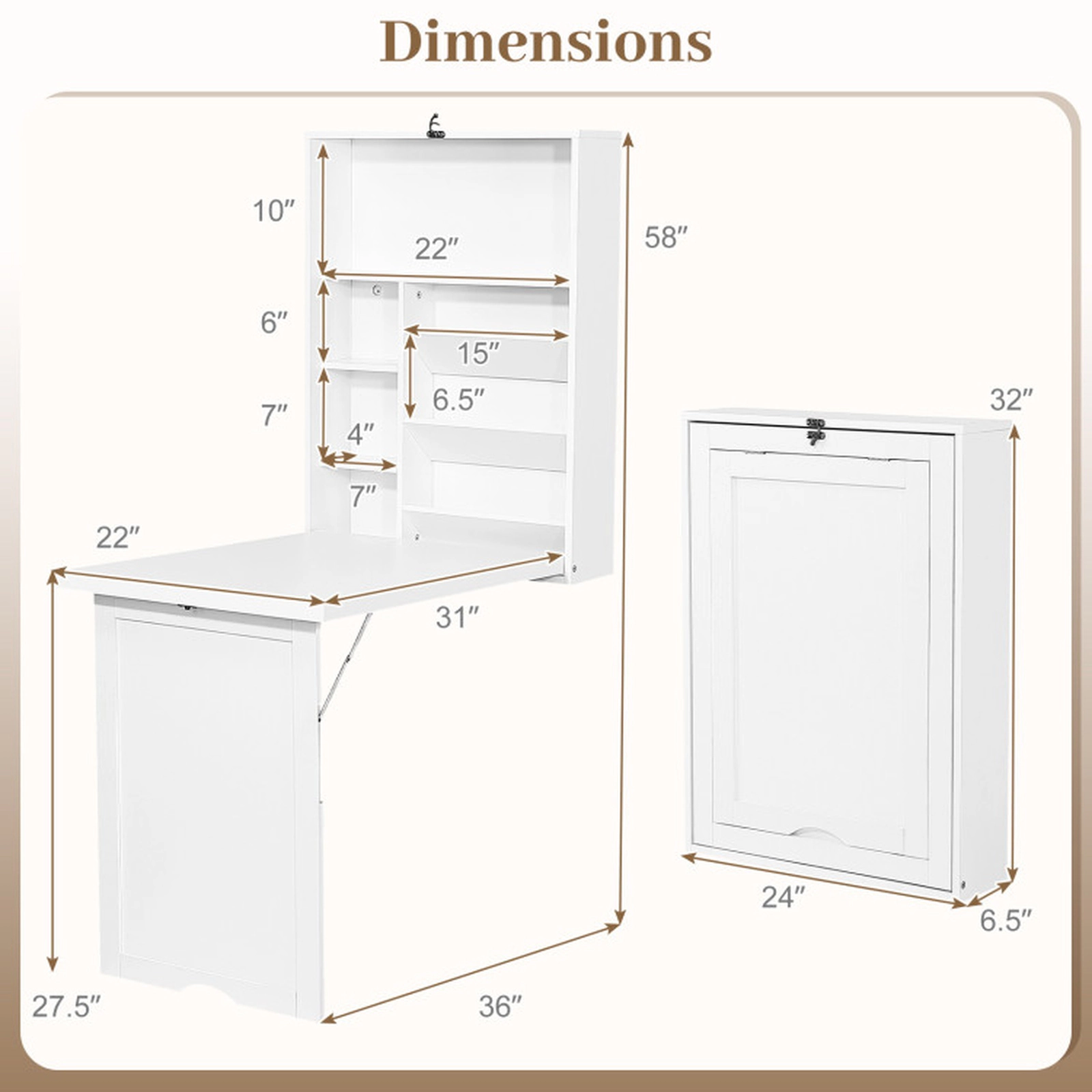 SUGIFT 36-in White Wall Mounted Fold-Out Convertible Floating Desk with Adjustable Shelves and Storage