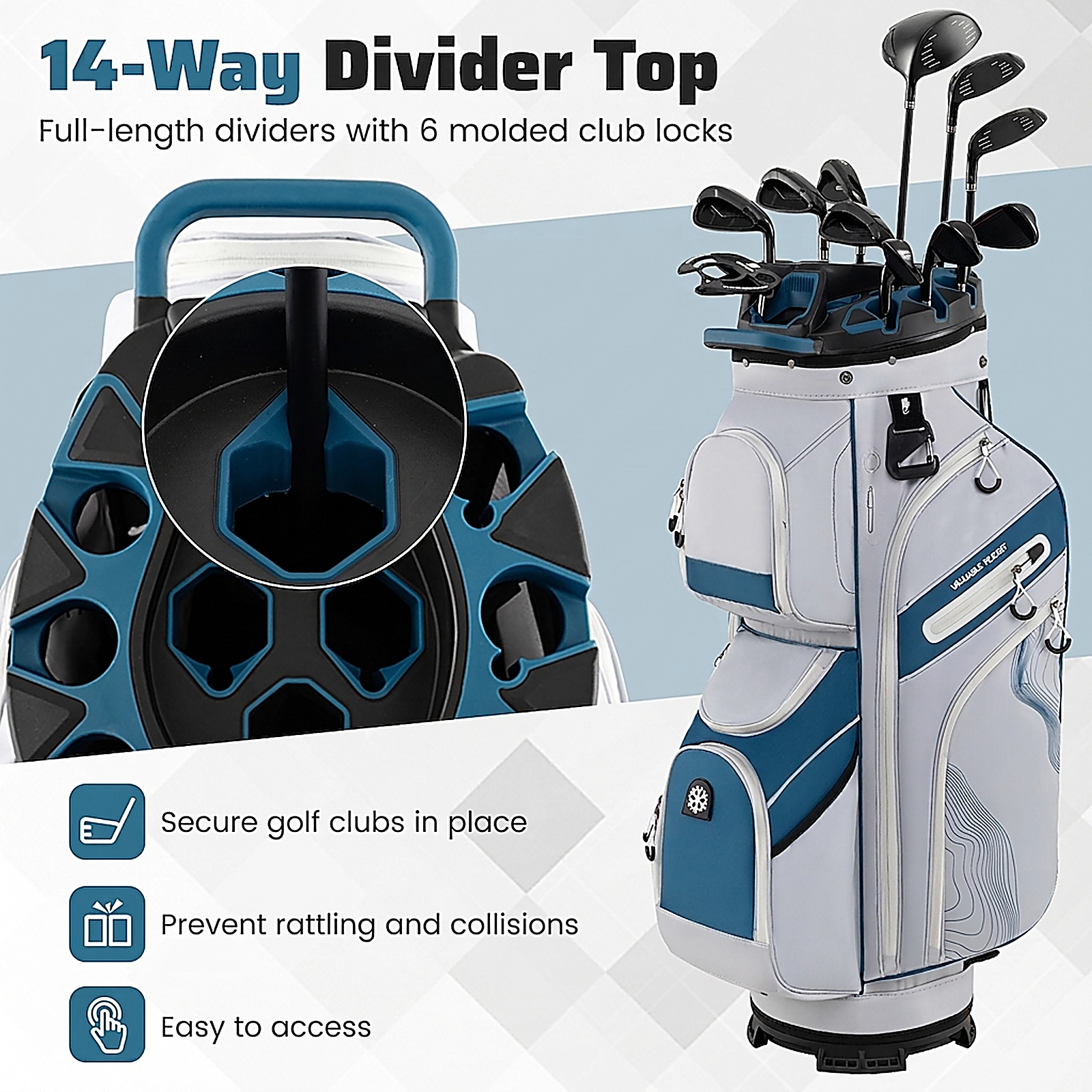 SUGIFT Golf Cart Bag Navy with 14-Way Full Length Dividers and 11 Pockets