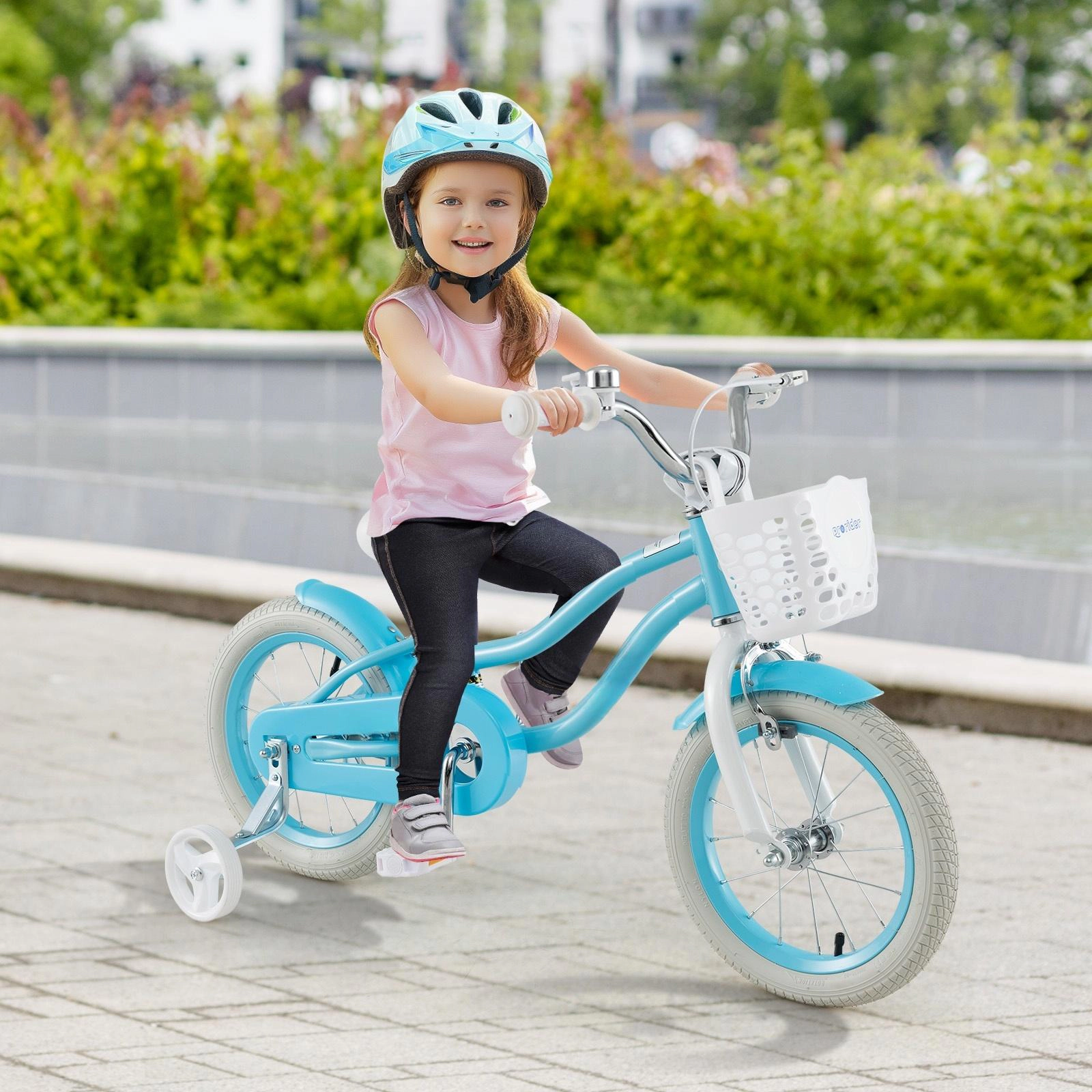 SUGIFT 14-in Toddler Kids Bike with Basket Training Wheels and Dual Brakes for Ages 3-5 99-lb Seat Capacity Blue