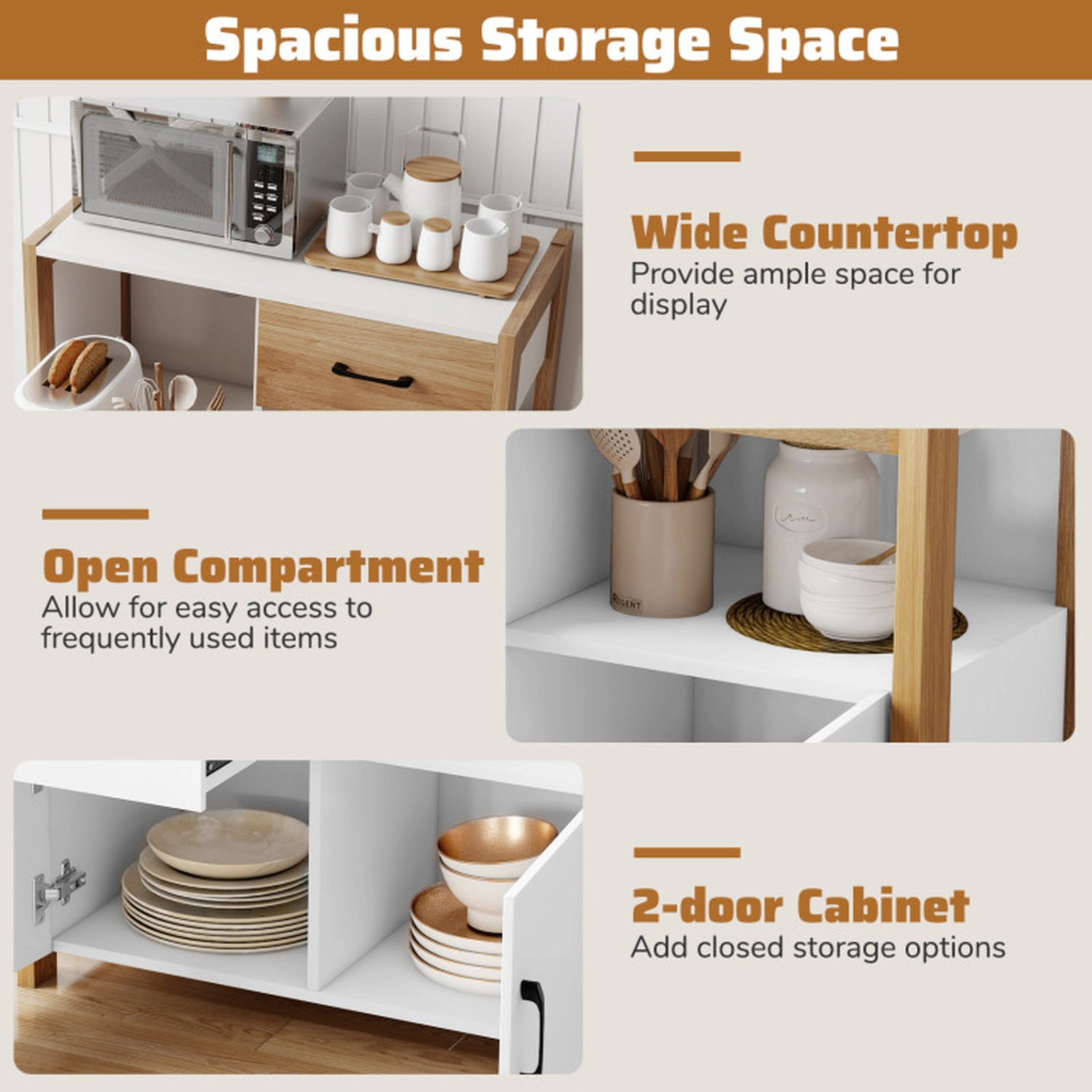 SUGIFT Kitchen Storage Sideboard Cabinet with Drawer Pull-Out Shelf, Drawer and 2 Doors 44-lb Countertop Capacity