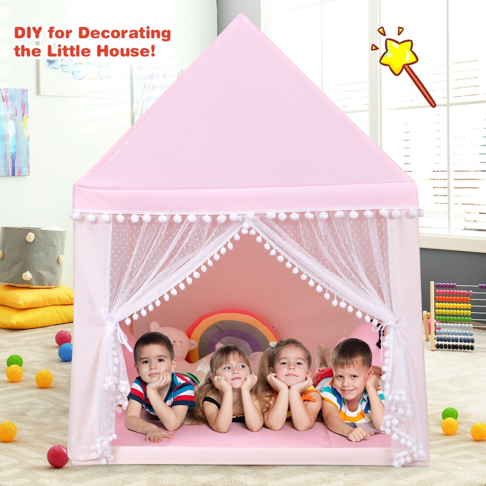 SUGIFT Solid Wood Frame Kids Play Castle Tent Playhouse with Thick Cotton Mat 55-in Tall Pink