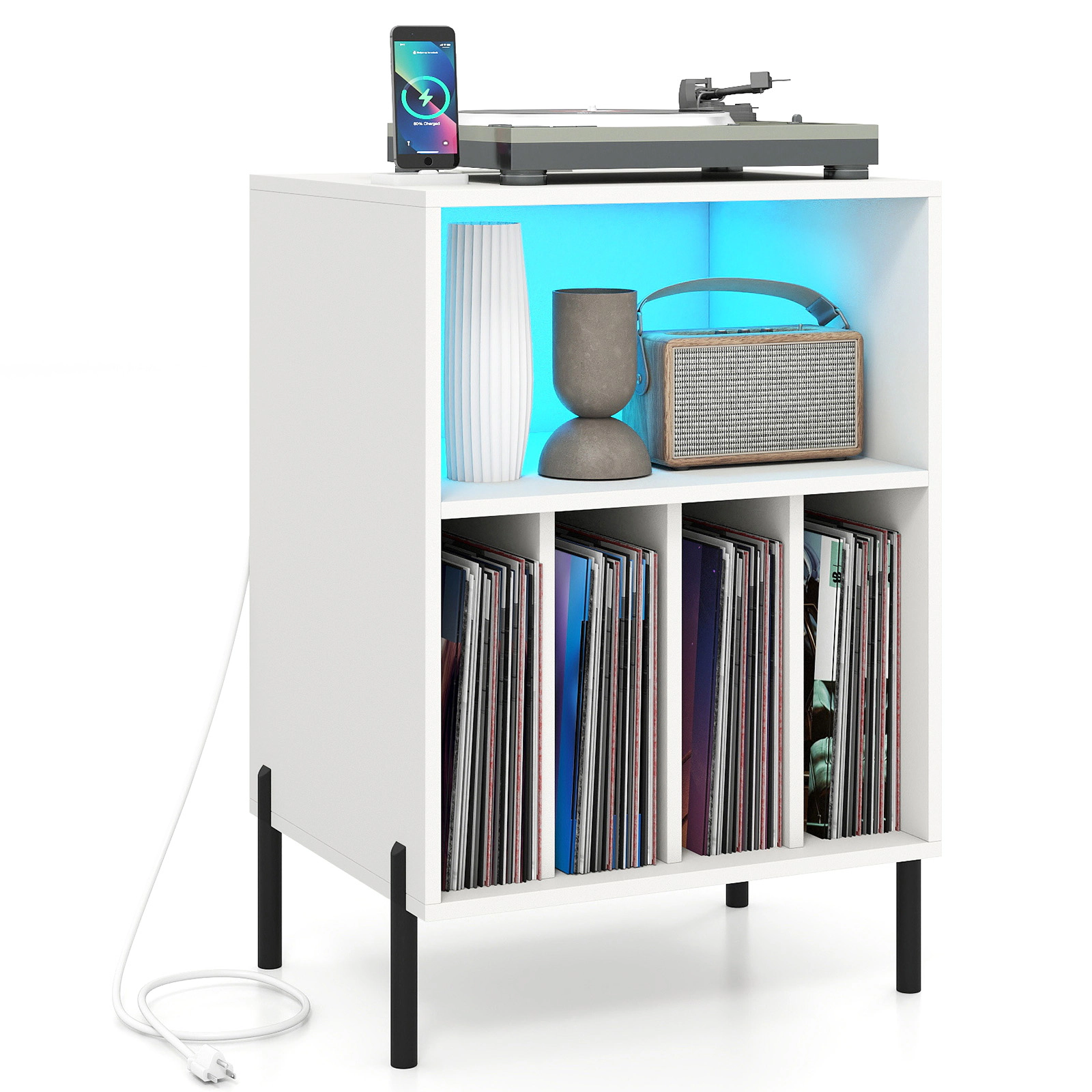 Glintex Record Player Stand with Ambient LED Lighting Remote and Charging Station, White