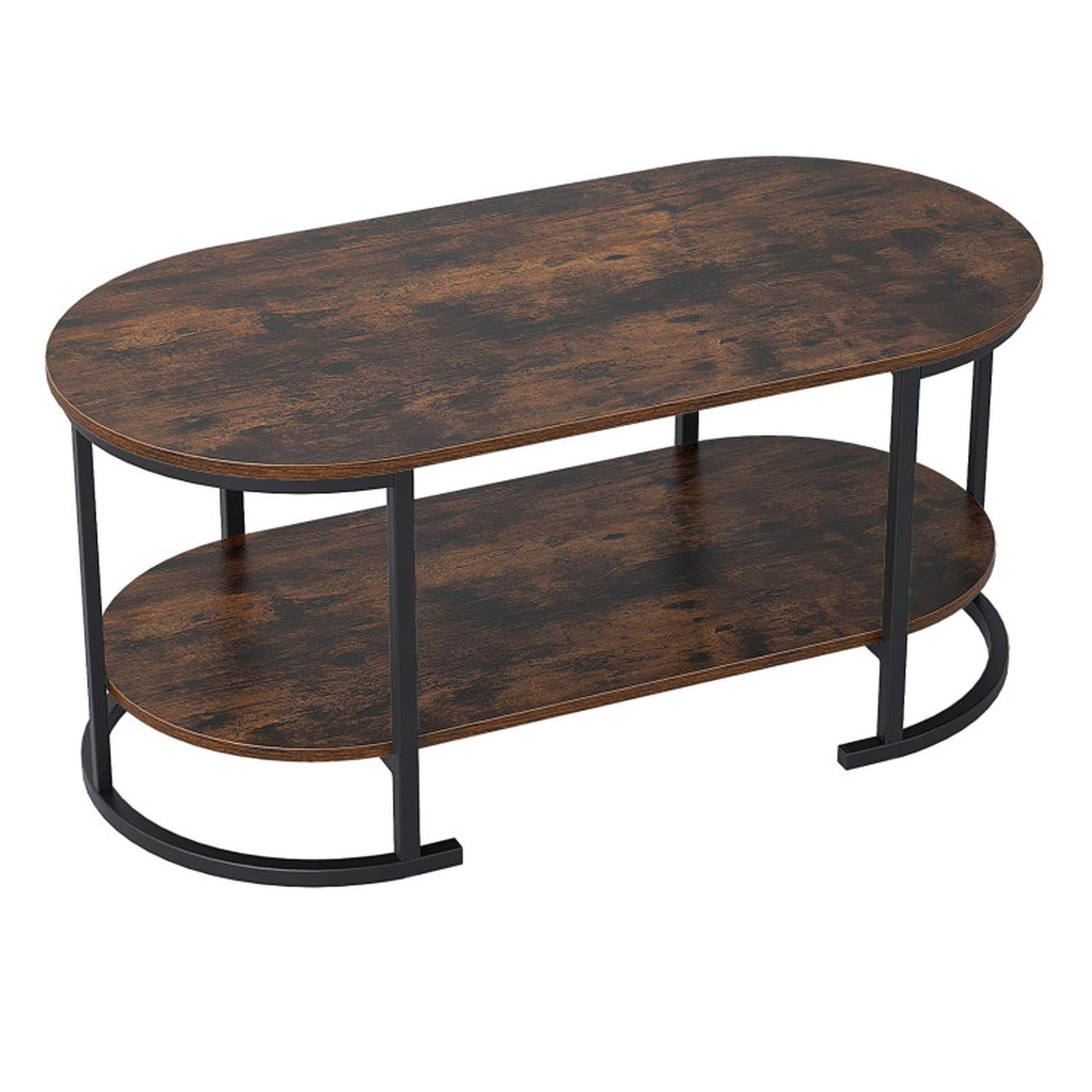 SUGIFT 2-Tier Oval Wood Grain Metal Frame Coffee Table 39.5-in x 19.5-in x 18-in 88-lb per Shelf Rustic Brown
