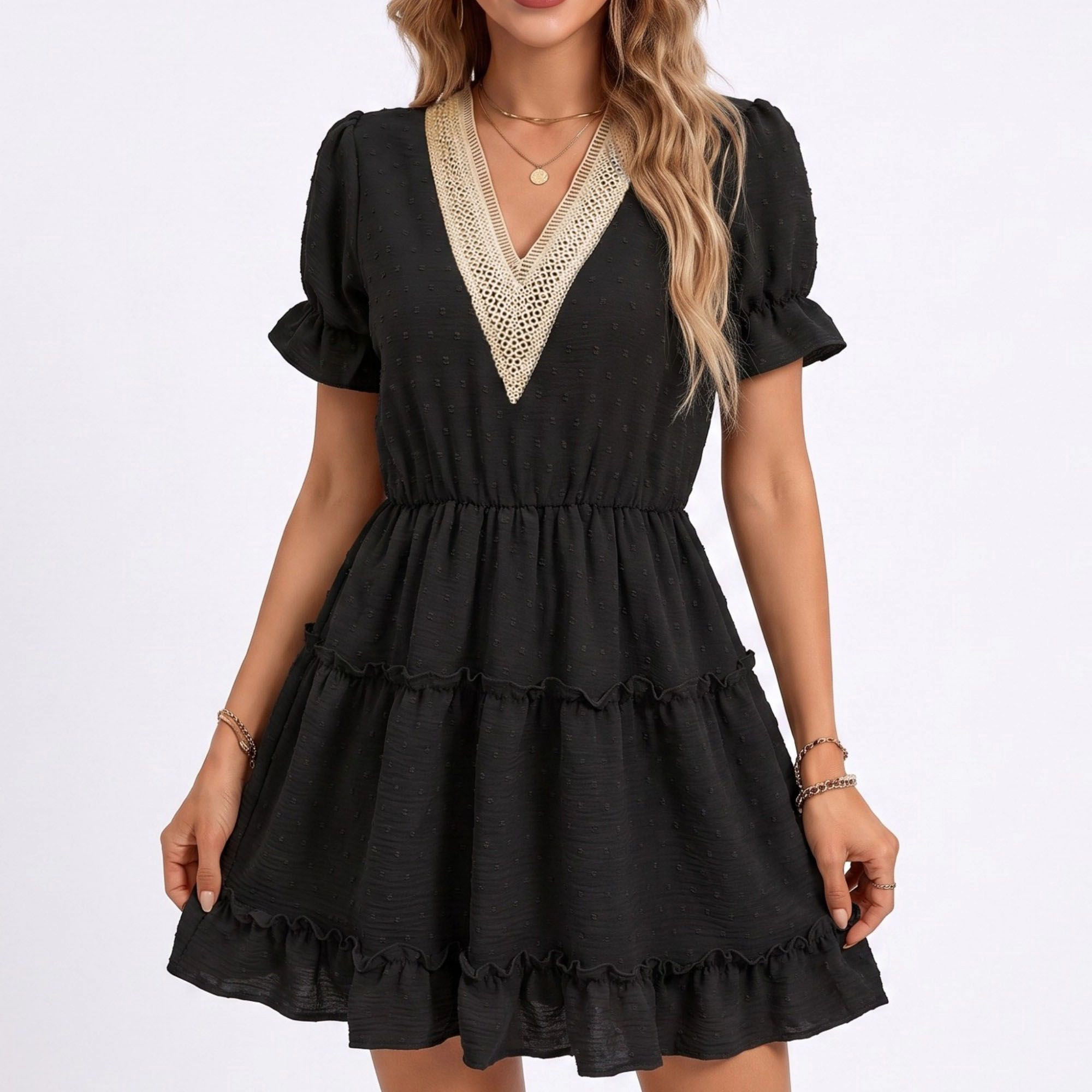 Anna-Kaci Women's Swiss Dot V-Neck Lace Trim Tiered Ruffle Mini Dress
