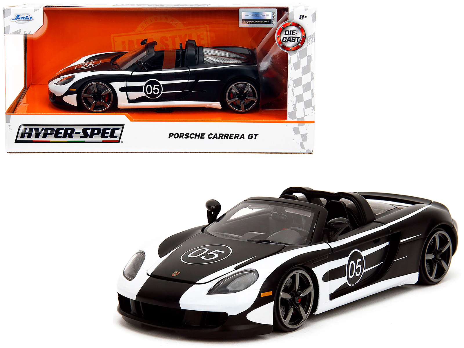 Jada Porsche Carrera Gt Convertible #05 Black With White Graphics "Hyper-Spec" Series 1/24 Diecast Model Car By Jada