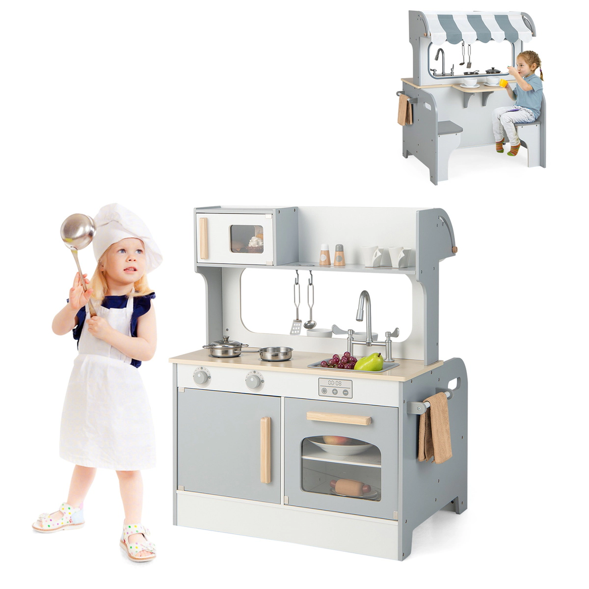 SUGIFT Gray 2-Seat Cafe Counter Double Sided Kids Pretend Play Kitchen Playset