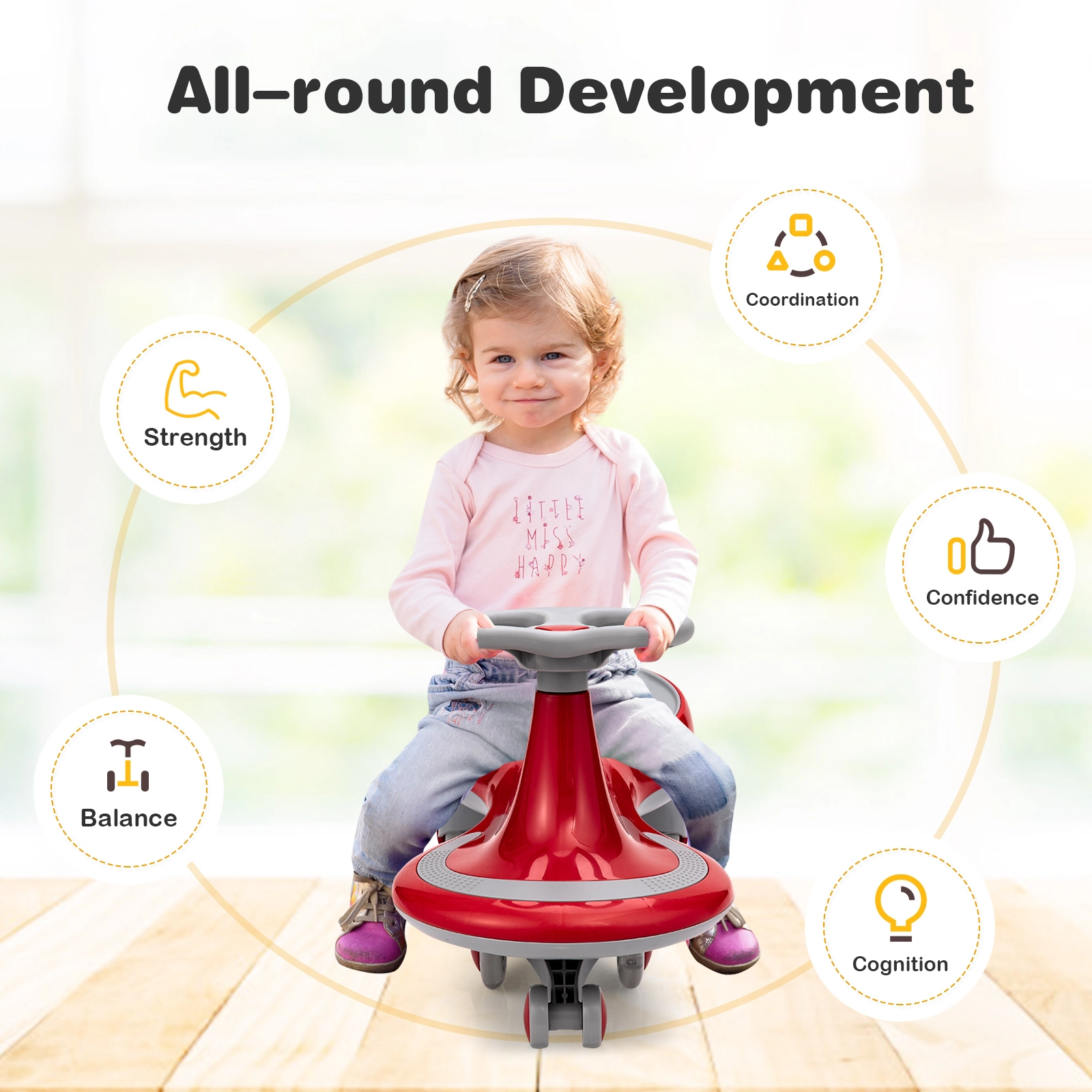SUGIFT Yellow Kids Ride-On Wiggle Car Toy with PU Flashing Wheels and Wide Seat 27-in W 110-lb Rider