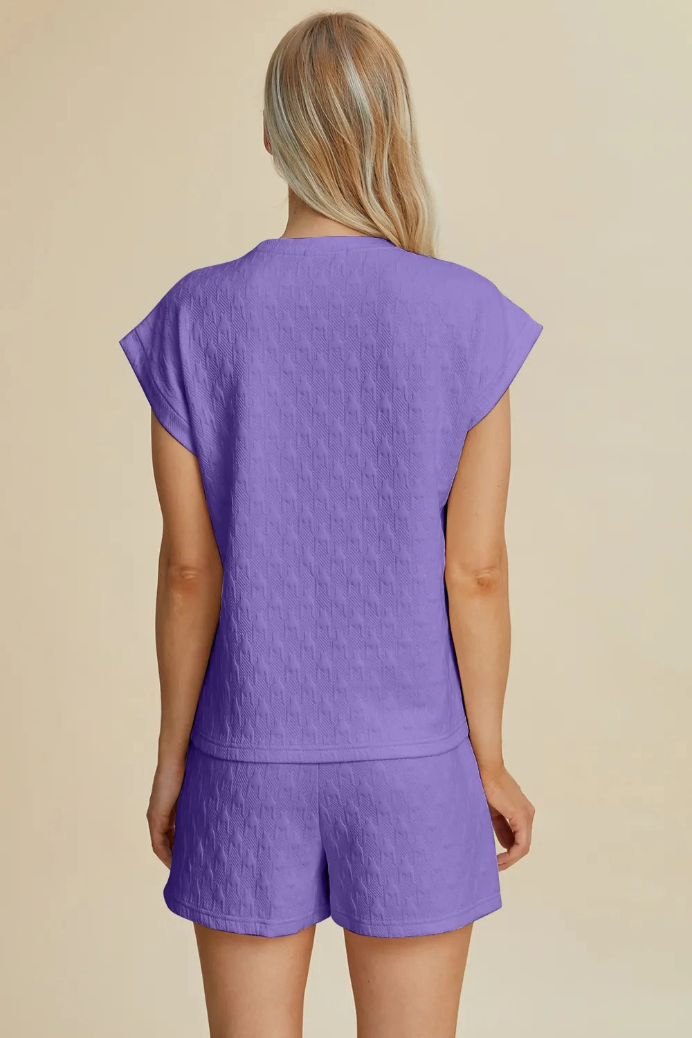 TRUEDAMES Women Full Size Pocketed Texture Round Neck Top and Shorts Set
