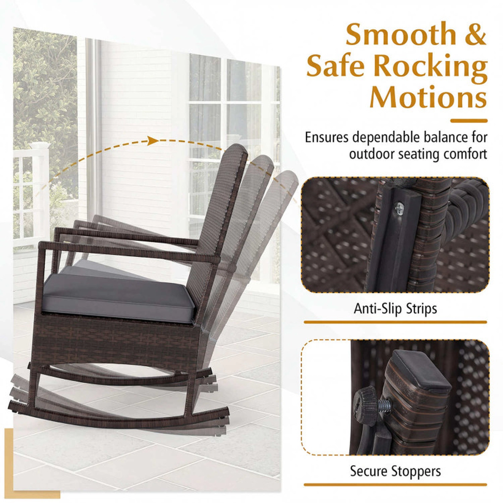 SUGIFT 3-Piece Gray Patio Wicker Rocking Chair Set with 2-Tier Side Table 13.5-in Seat H 400-lb Chair Capacity