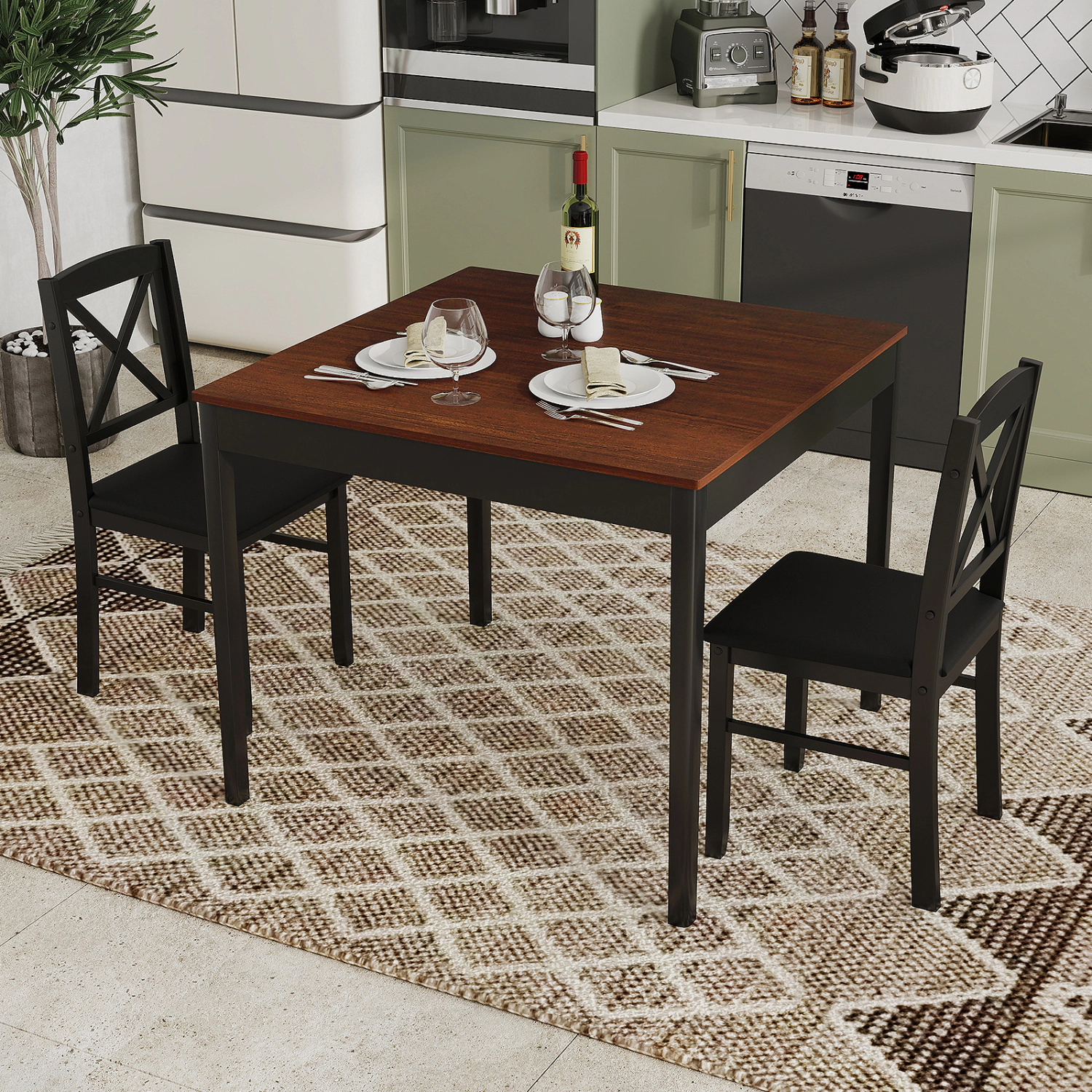 LJG 3-Piece Dining Table Set Wooden Square Kitchen for 2 People