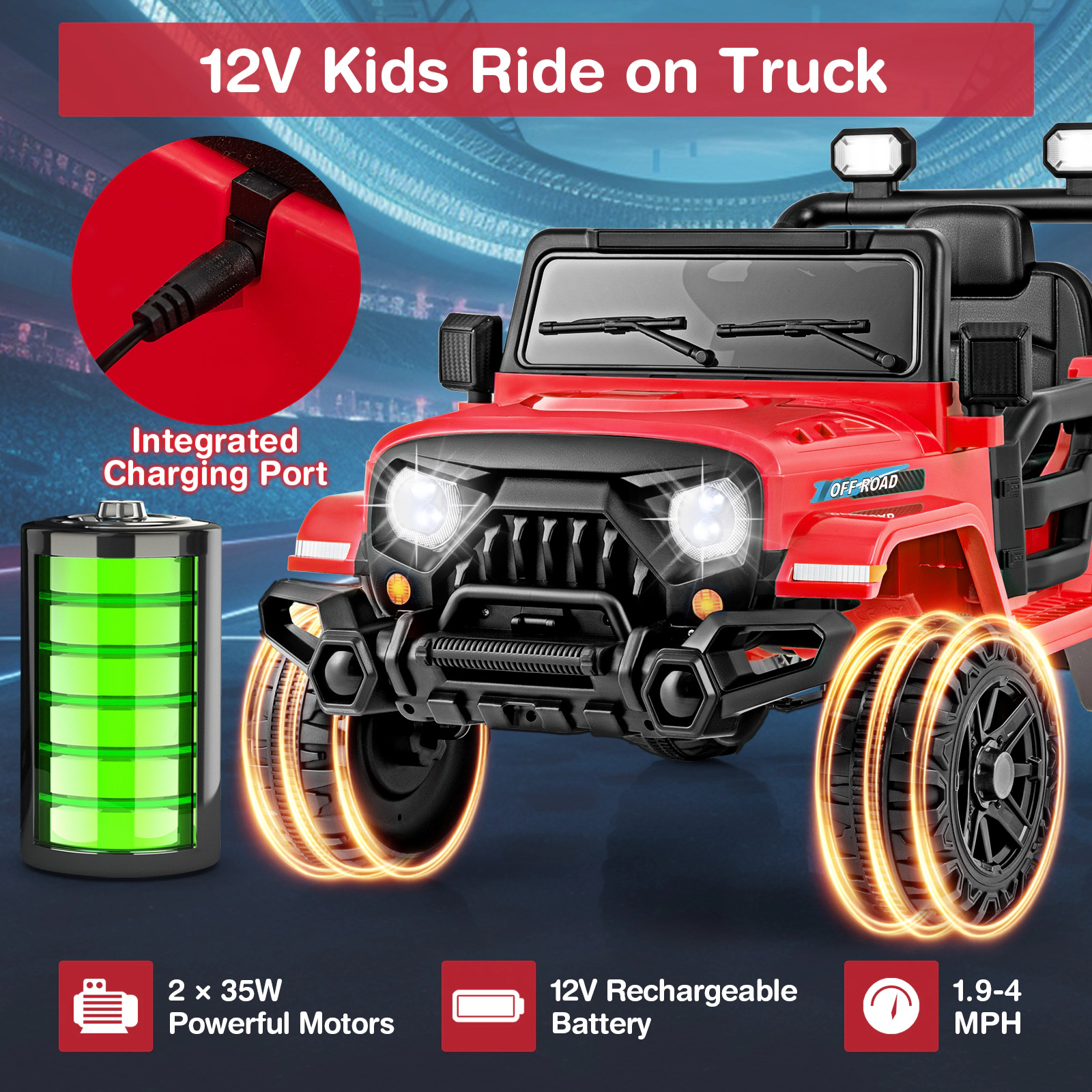 12V Kids Ride on Truck Parent Remote 3 Speeds Openable Doors LED Headlights Safety Belt Music Ages 3+ 66-lb Capacity