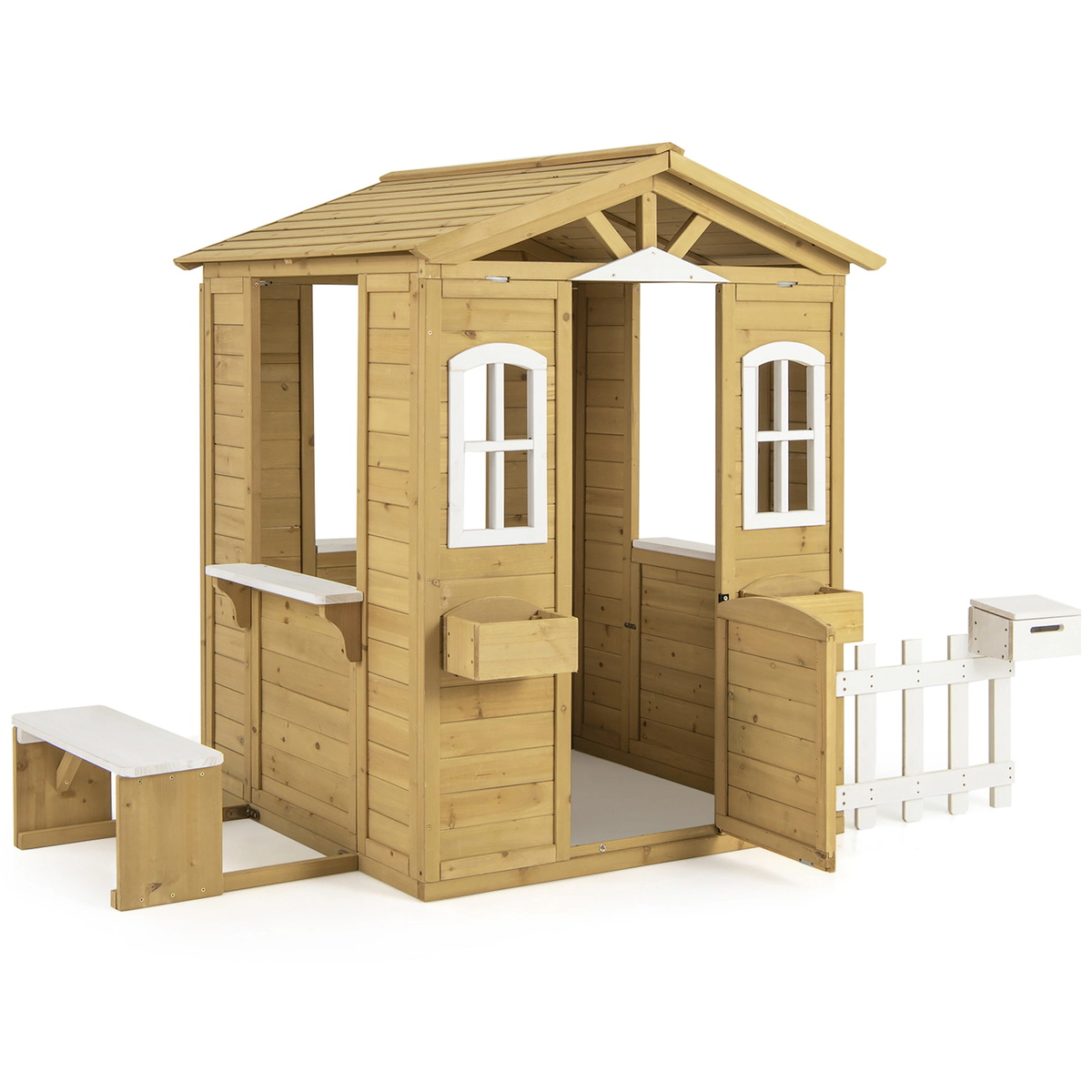 SUGIFT Natural Bench Serving Window and Mailbox for Ages 2 and Up Wooden Kids Playhouse