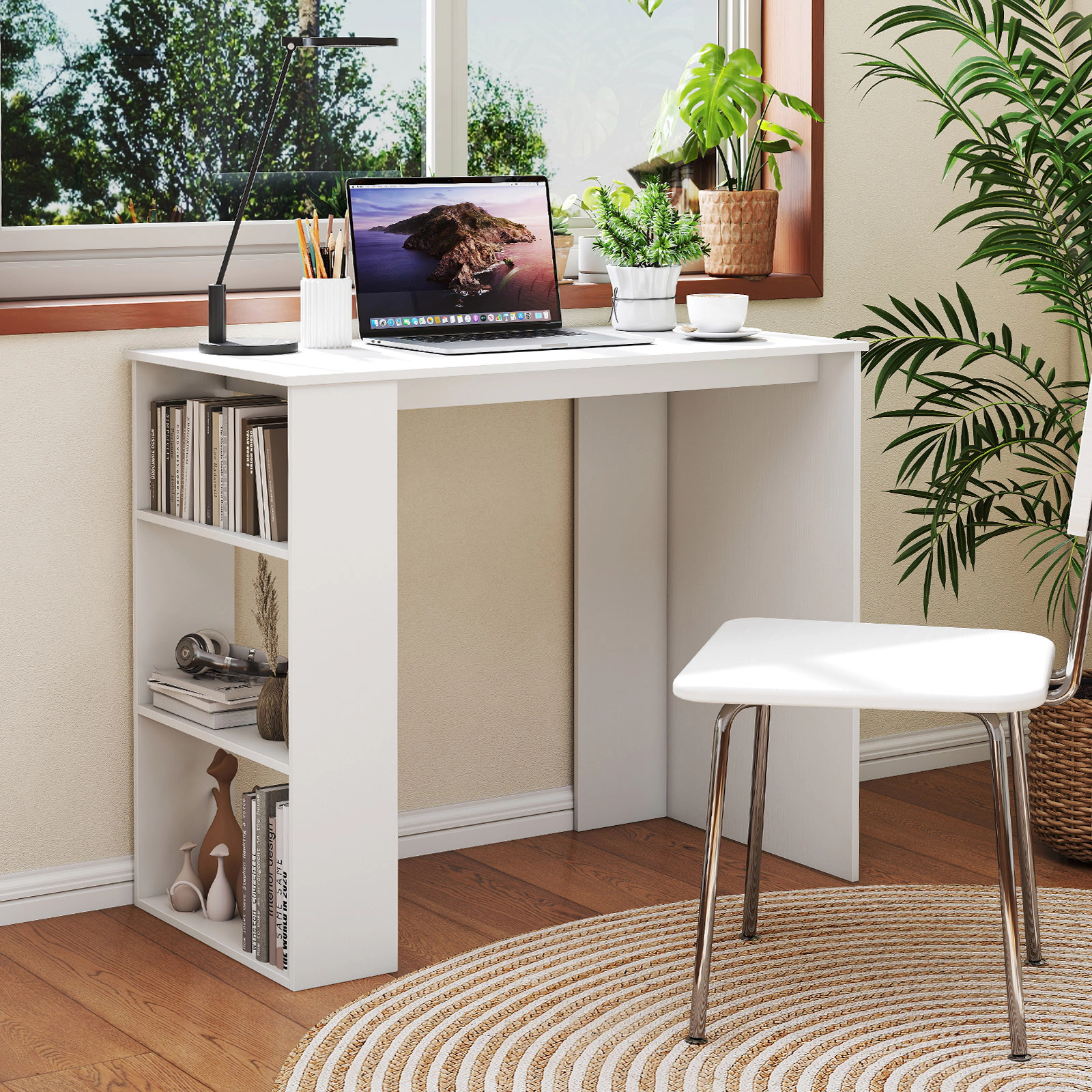 SUGIFT 35.5 in Computer Desk White with Side Bookshelf for Small Spaces