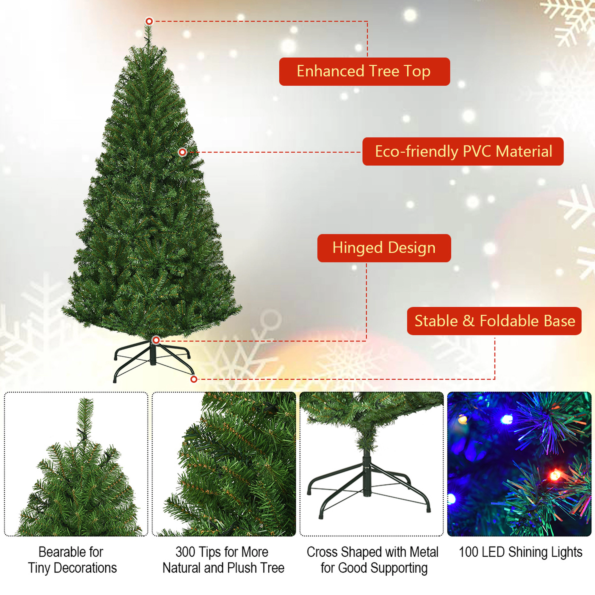 Costway 4/5/6/7/8/9Ft Pre-Lit Artificial Christmas Tree Hinged 100/150/350/500/750/1000 LED Lights