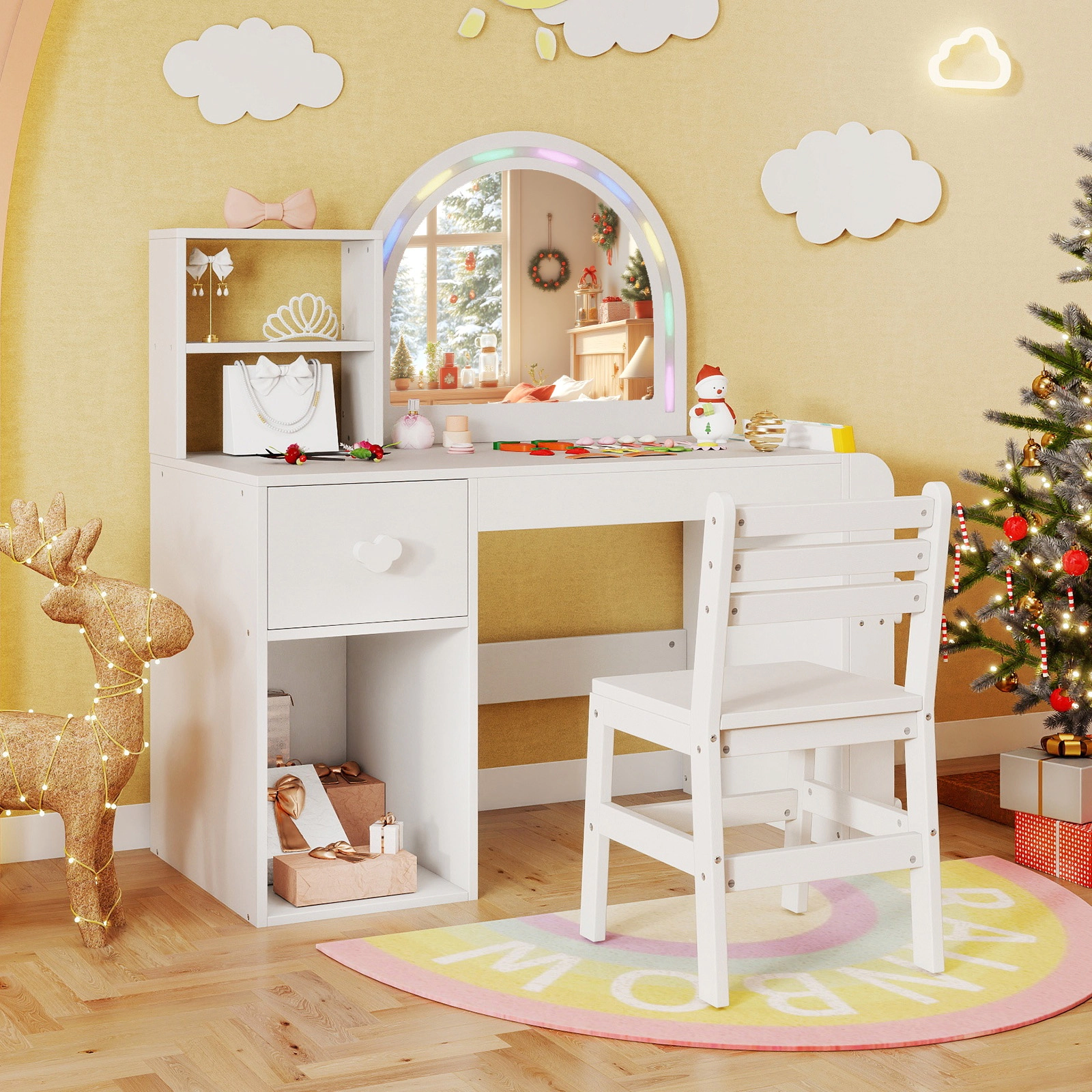 SUGIFT Kids Vanity Table and Chair Set with Lighted Mirror 110-lb Tabletop and 165-lb Chair Capacity Ages 3+ White