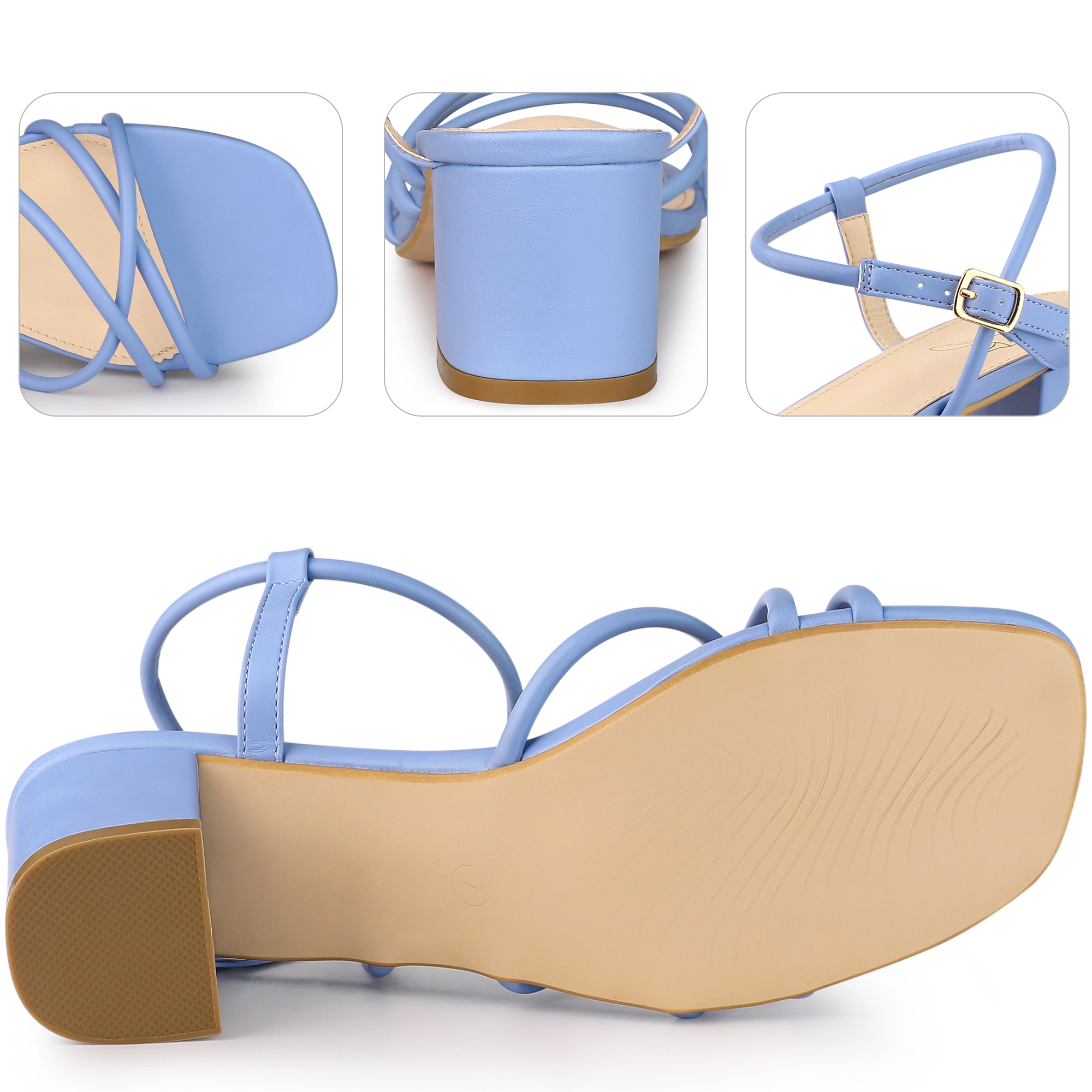 BLISSFUL STEP Women Faux Leather Strappy Square Toe Slingback Chunky Heel Sandals