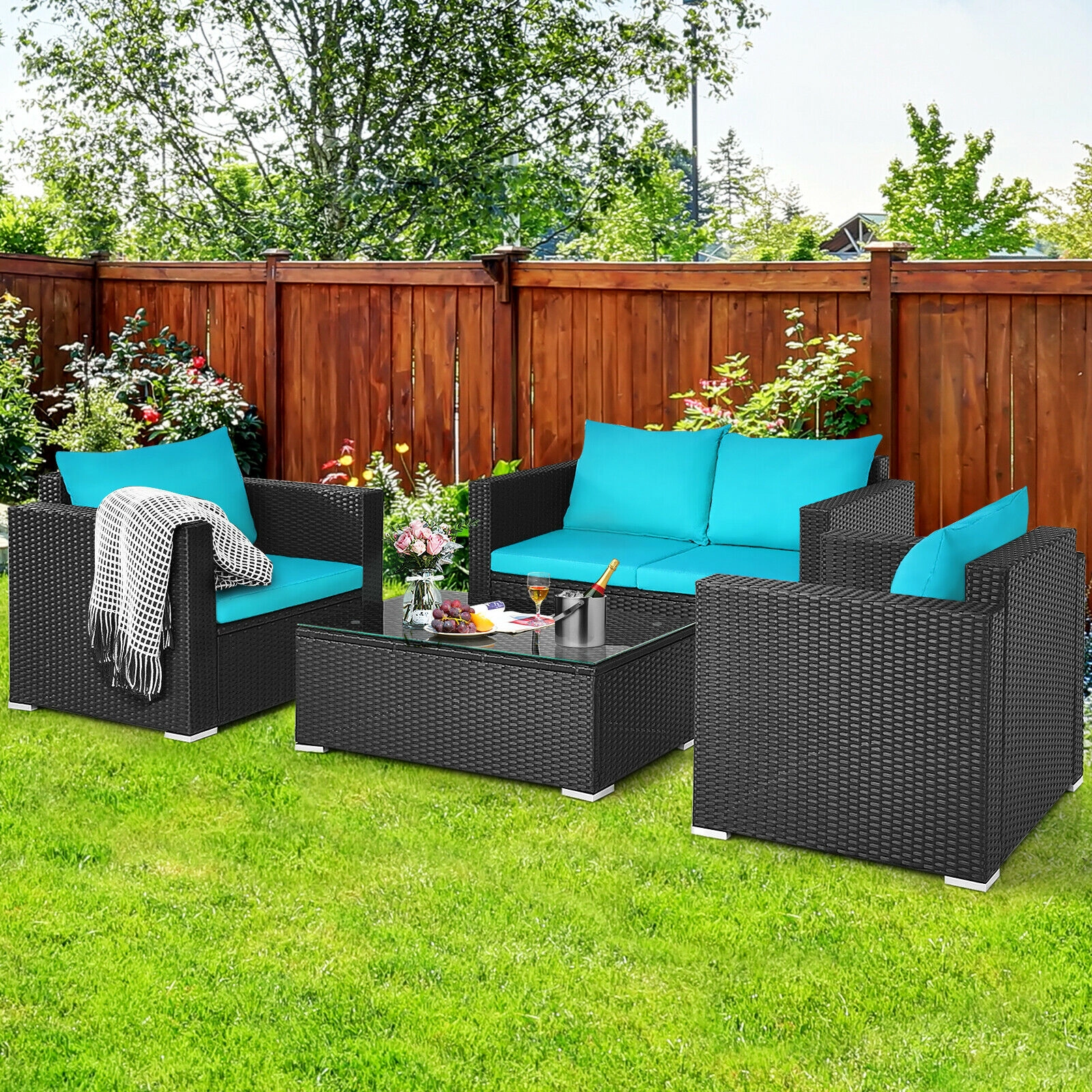 SUGIFT Deep Seats and Glass Coffee Table 4-Piece Turquoise Patio Rattan Cushioned Set