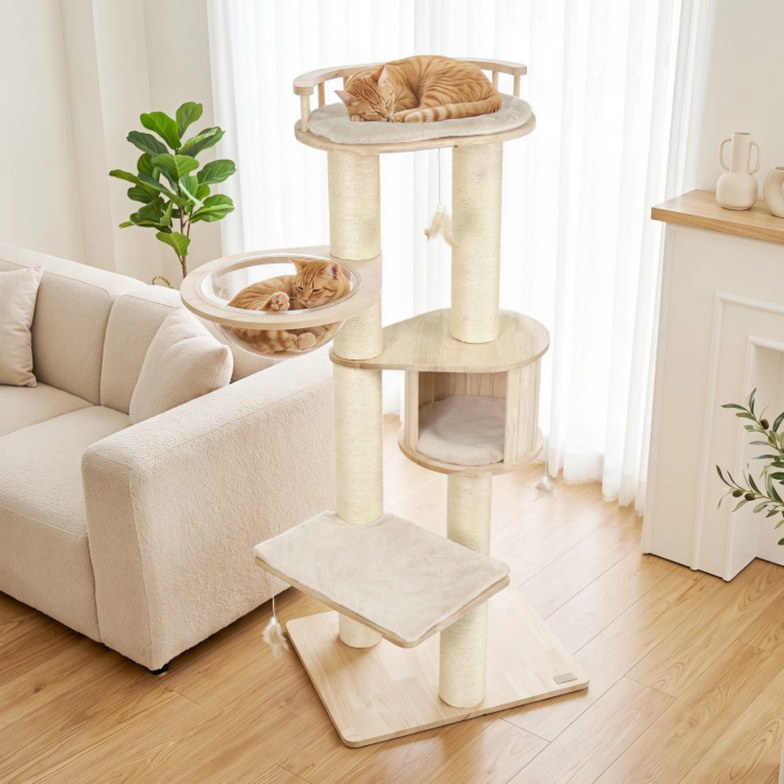 SUGIFT Multi-Level Rubber Wood Cat Tree with Top Perch Condo and 3 Hanging Feather Toys 35-lb Capacity Beige