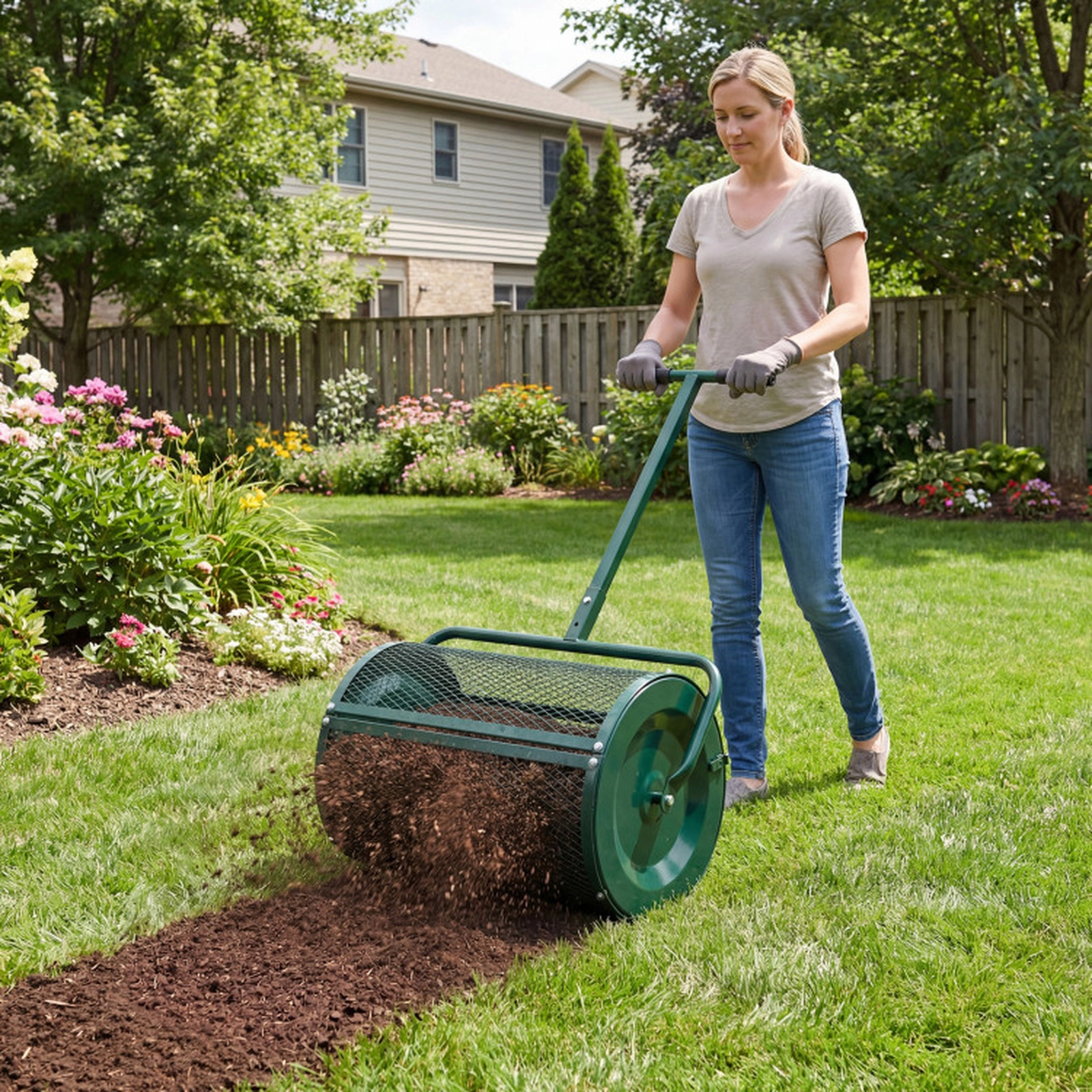 SUGIFT Compost Spreader Roller Garden Cart with 2.7 Cu.ft Basket Height-Adjustable T-Shape Handle Green