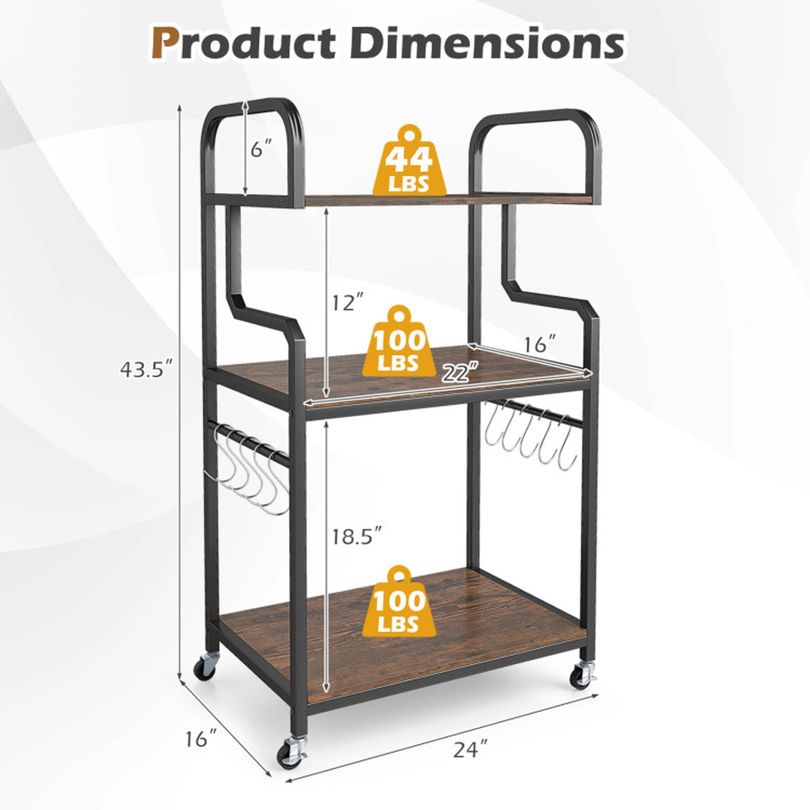 SUGIFT 3-Tier Rolling Printer Stand Office Cart 44-lb Top 110-lb Middle 100-lb Bottom 22 x 16-in Shelves Rustic Brown