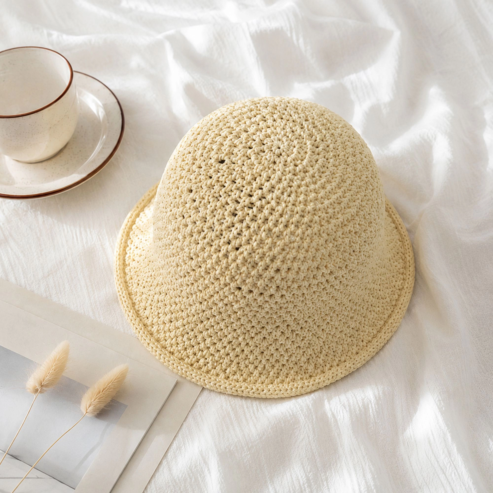 Anna-Kaci Women's Crochet Bucket Hat with Rolled Brim and Openwork Texture