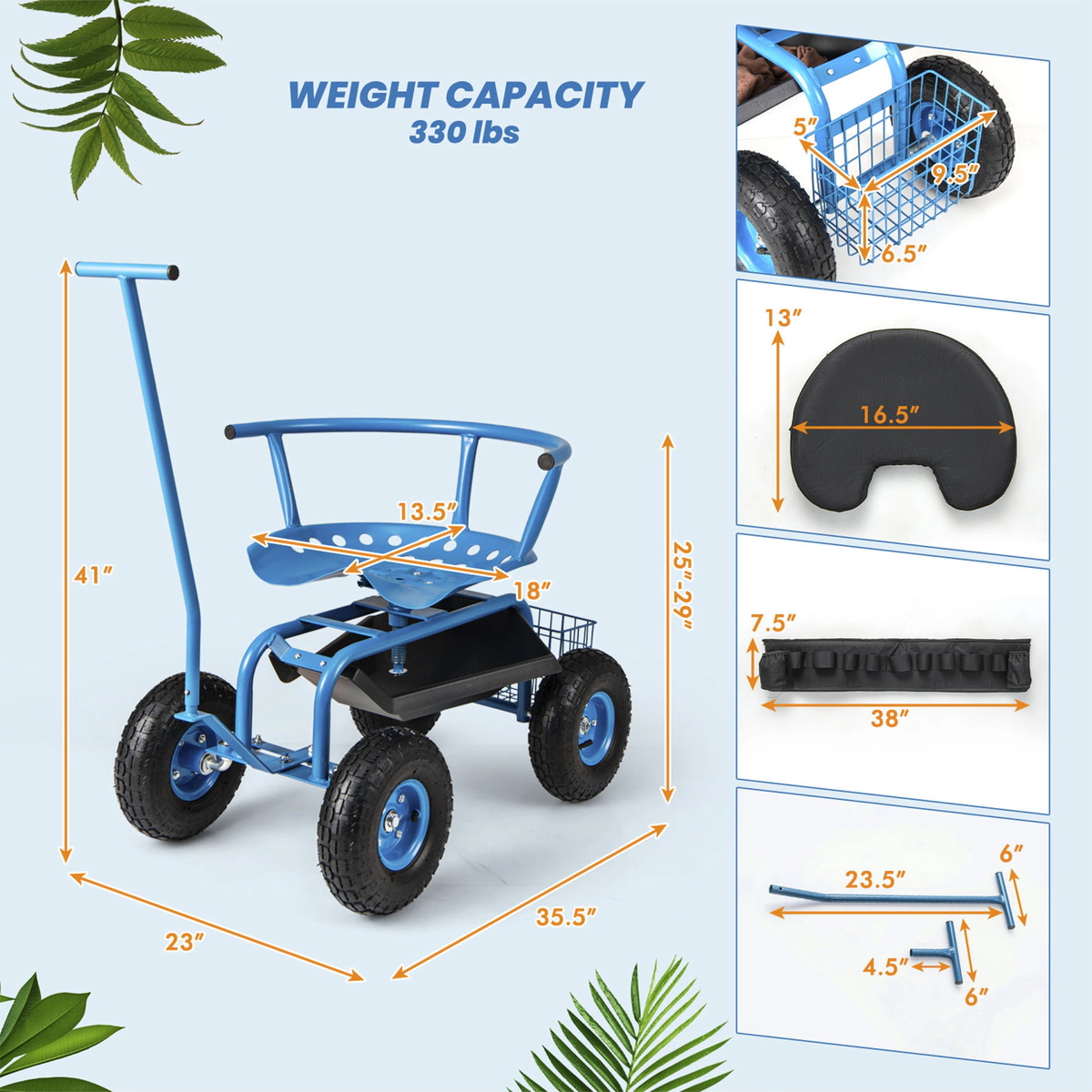 SUGIFT Rolling Garden Cart with Height Adjustable Swivel Seat and Storage Basket 330-lb Capacity Blue