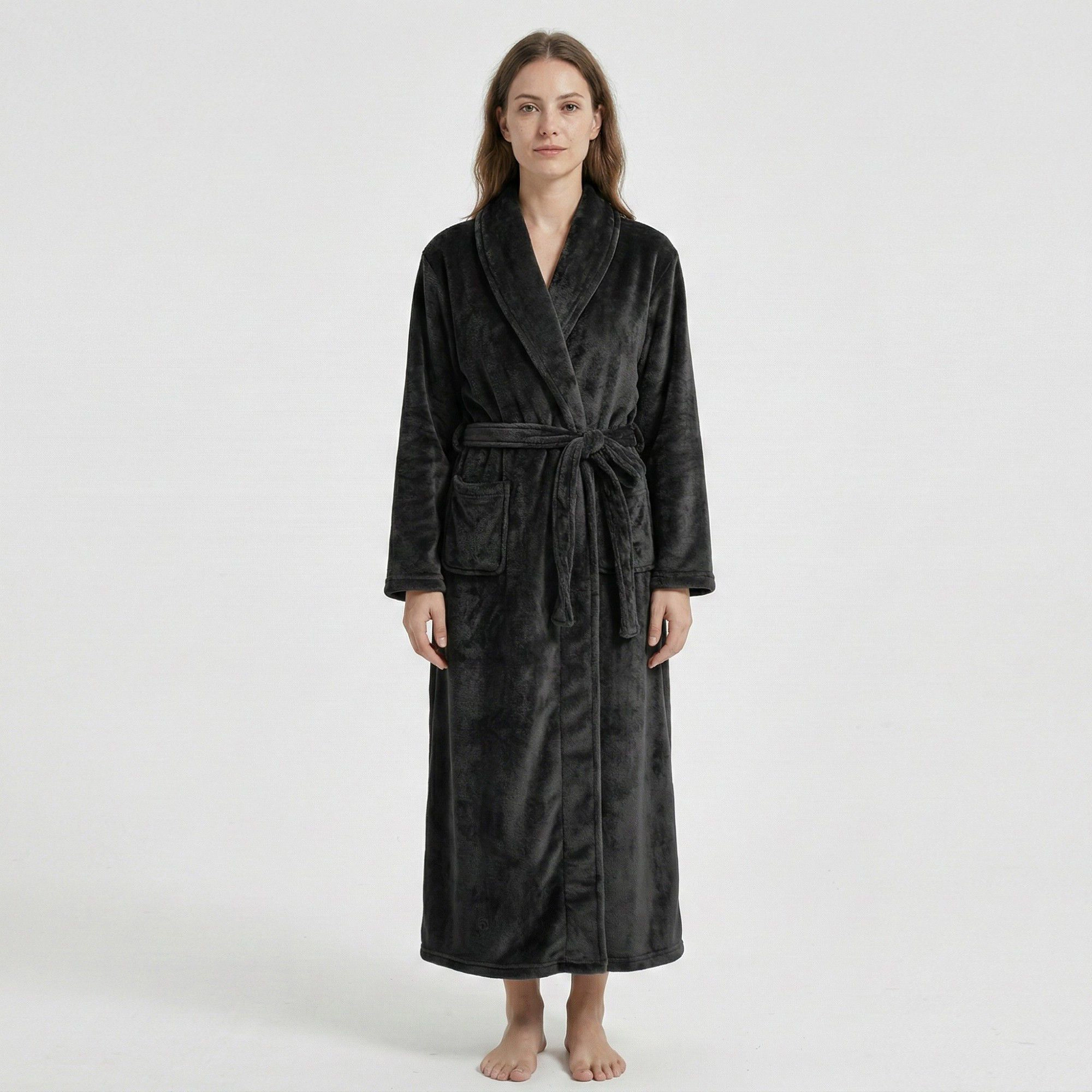 Anna-Kaci Women's Plush Shawl Collar Long Bathrobe Full Length Wrap Adjustable Waist Tie Sleeves and Front Pockets