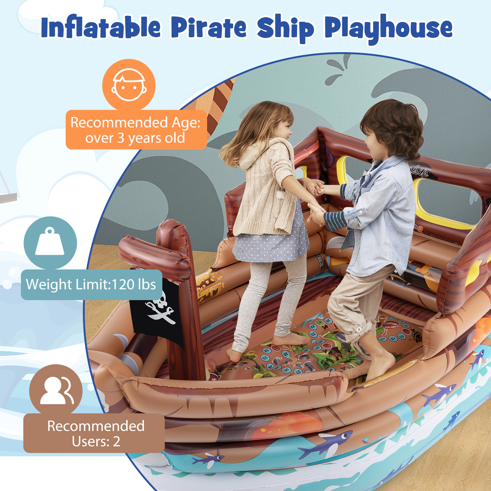 SUGIFT Brown Built-in Motor Toy Sword and Pirate Hat Kids Inflatable Pirate Ship Playhouse