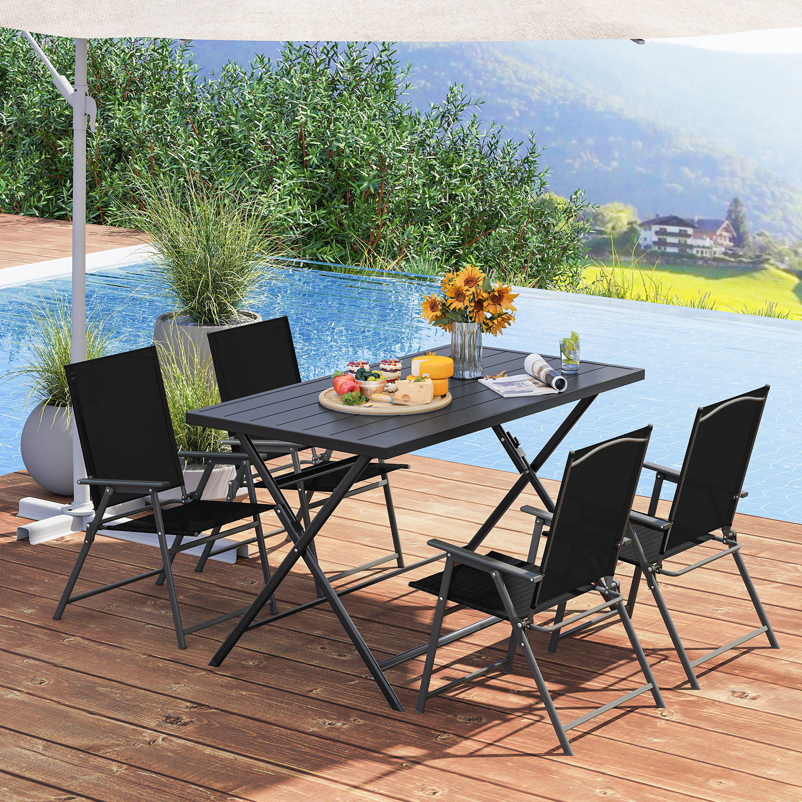 SUGIFT 5-Piece Black Folding Patio Dining Set with 48-Inch Metal Table and 4 Mesh Chairs