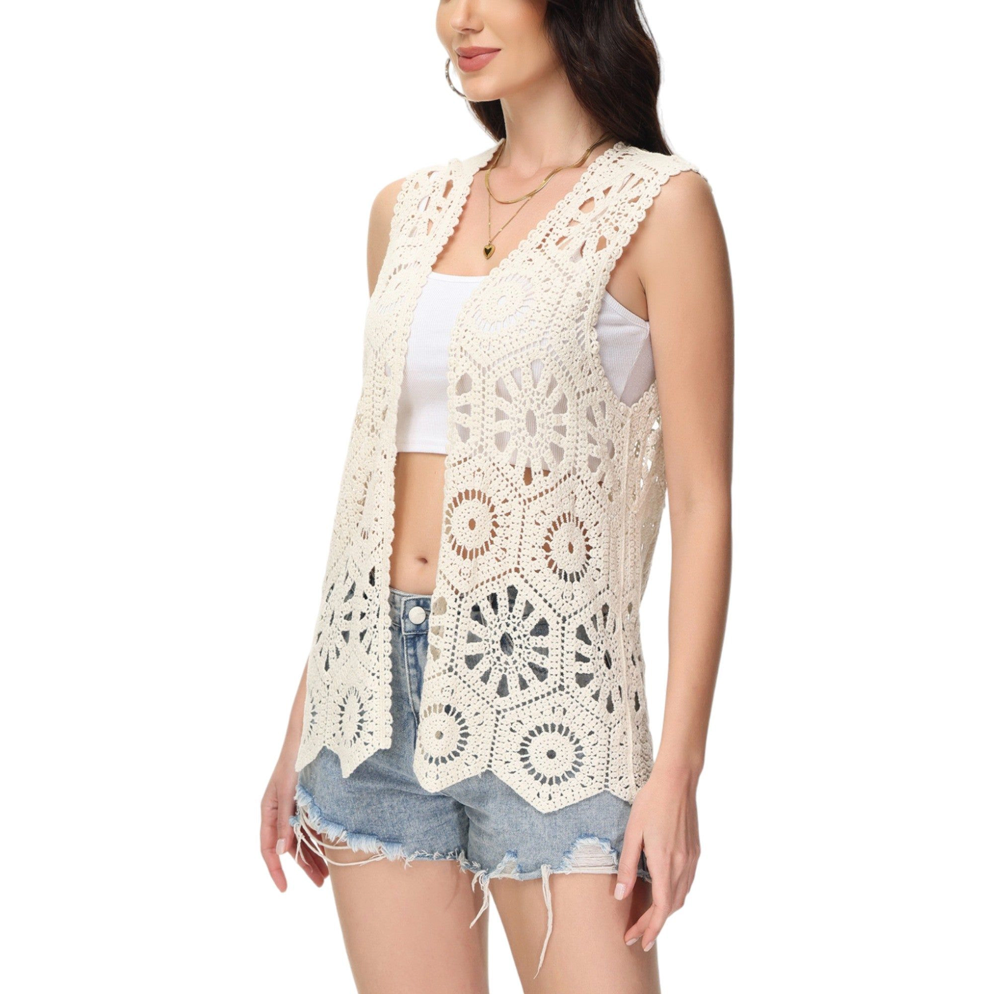 Anna-Kaci Women's Floral Crochet Cardigan Lace Trim Open Front Vest