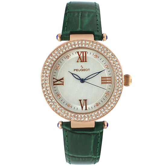 Peugeot Women's 38mm Green Watch Crystal Bezel Leather Strap