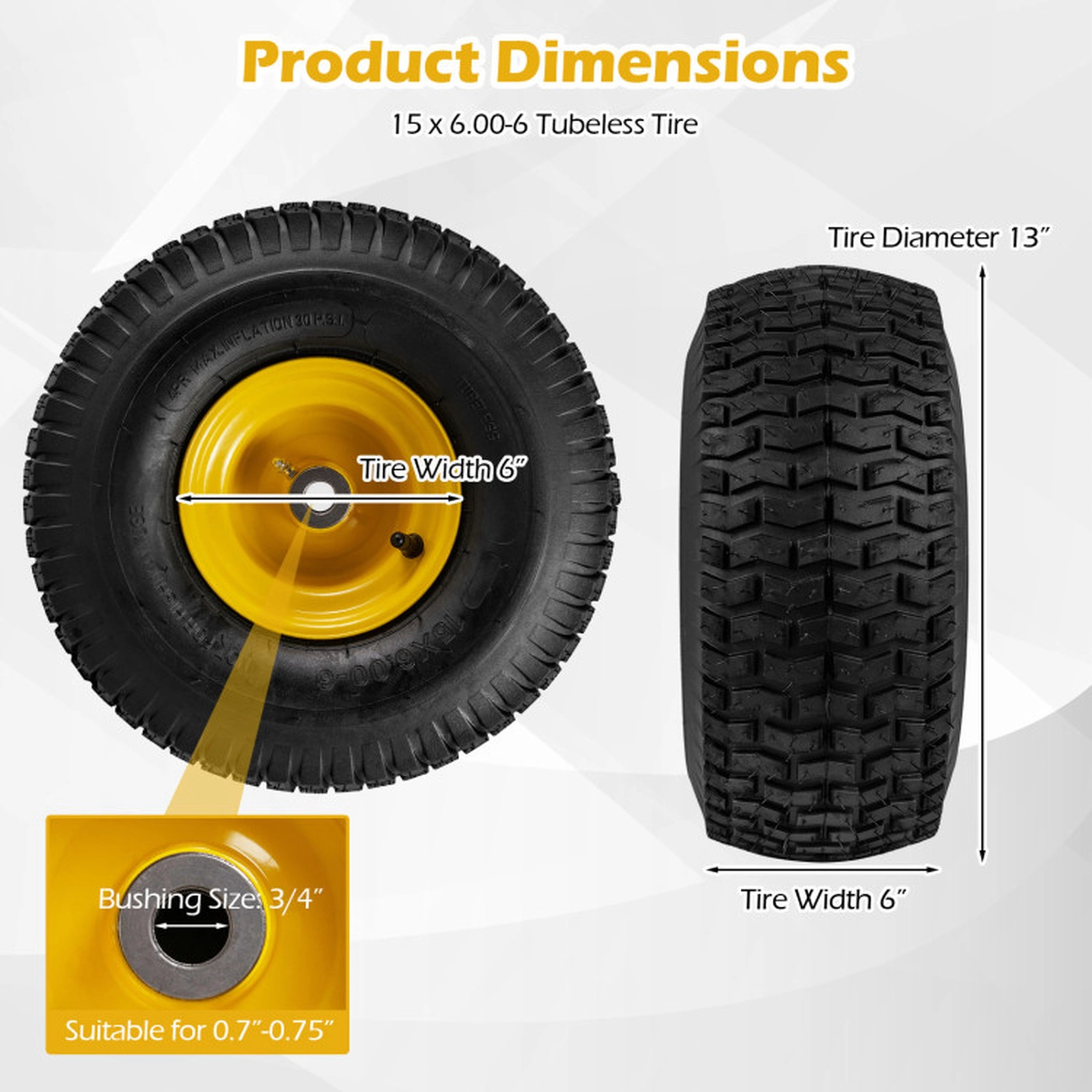 SUGIFT Set of 2 Tubeless Pneumatic 4-Ply Lawn Mower Tires 15 x 6.00-6 15-in Diameter 6-in Rim 30-PSI 440-lb Yellow