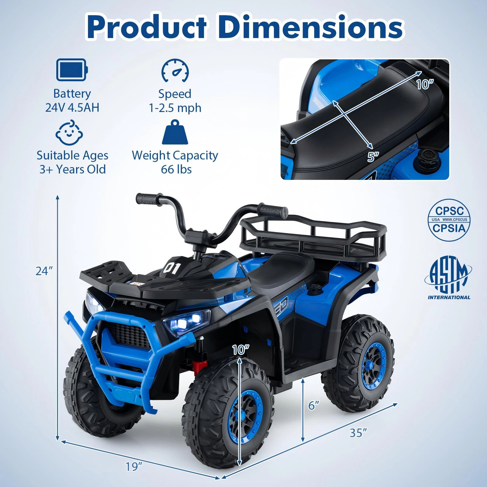 SUGIFT 24V Kids Ride-On Electric ATV Quad Car with Music FM Radio 66-lb Capacity Ages 3+ 35-in Long LED Lights Navy