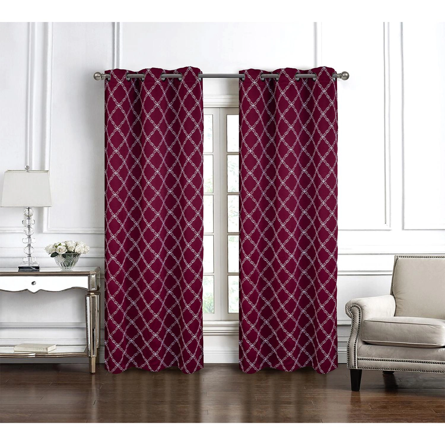 RT Designer Collection Gable Embroidered Blackout Luxurious Decorative Grommet Curtain Panel 54" x 84" Burgundy