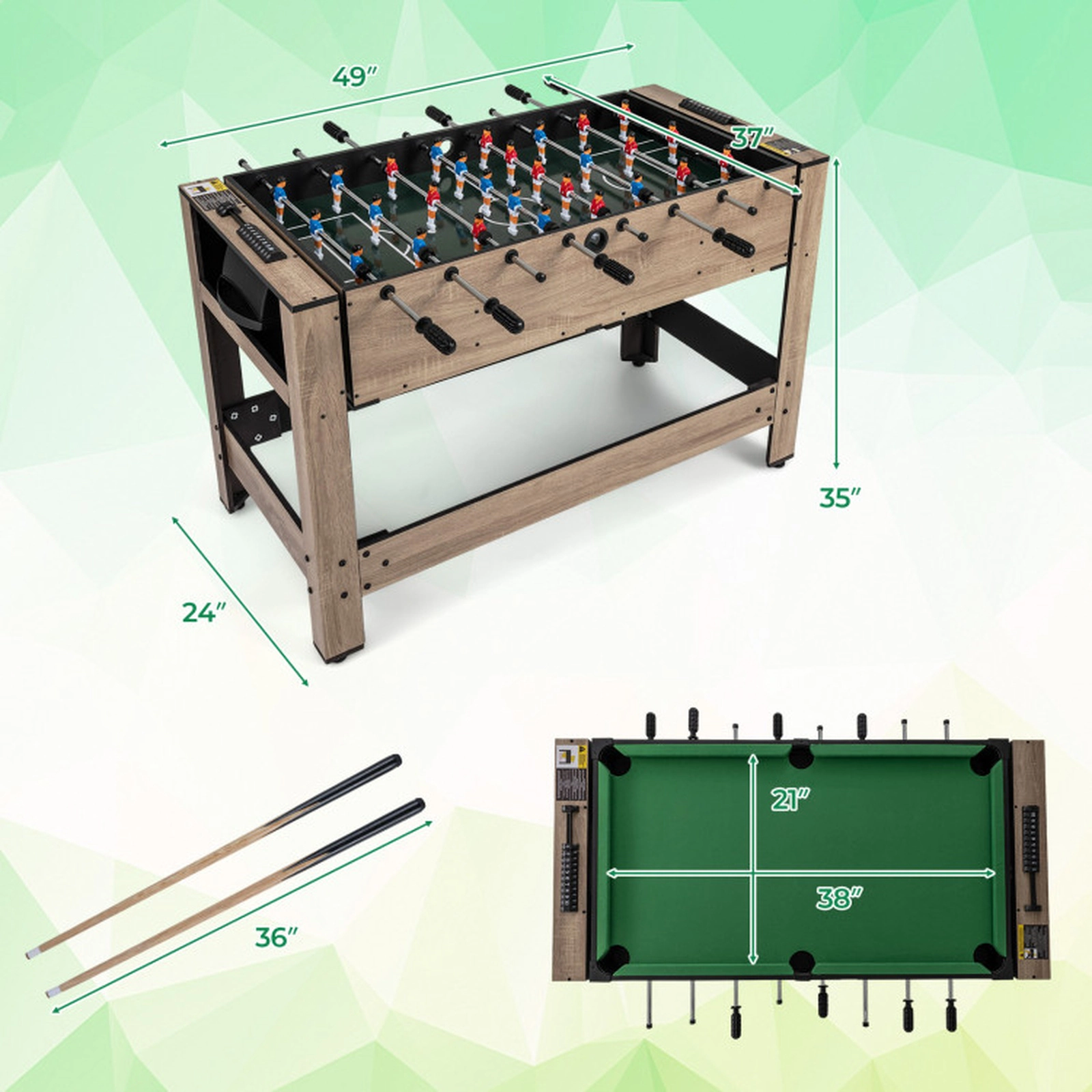 SUGIFT Brown 2-in-1 Swivel Game Table with Foosball and Velvet Pool Surfaces 49-in W 24-in D 35-in H