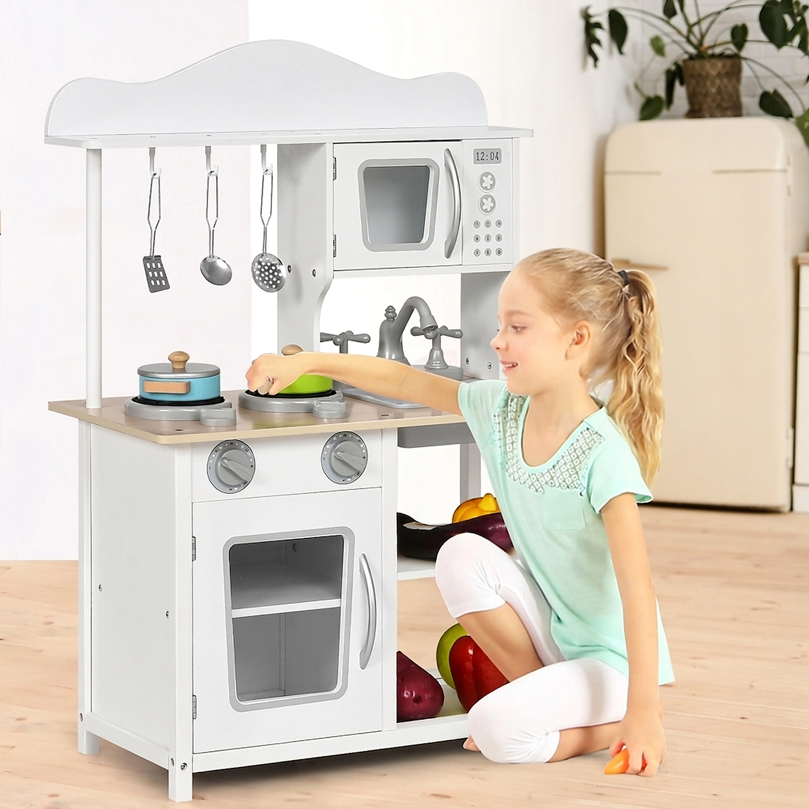 Wooden Pretend Play Kitchen Set for Kids Sink Oven Clicking Stove Knobs 2-Tier Shelf 23.5-in x 12-in x 32.5-in White