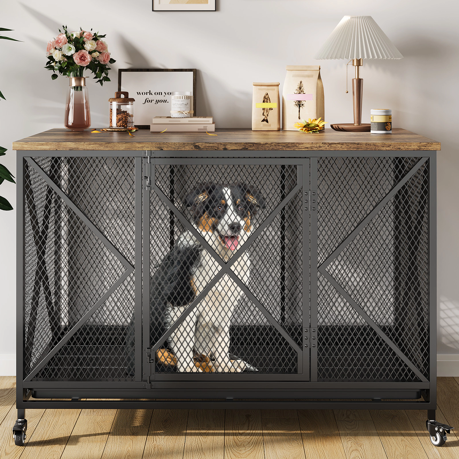 48" Large Dog Crate Furniture with Flip-up Top & Lockable Wheels, Decorative Pet Cage End Table for Medium Dogs