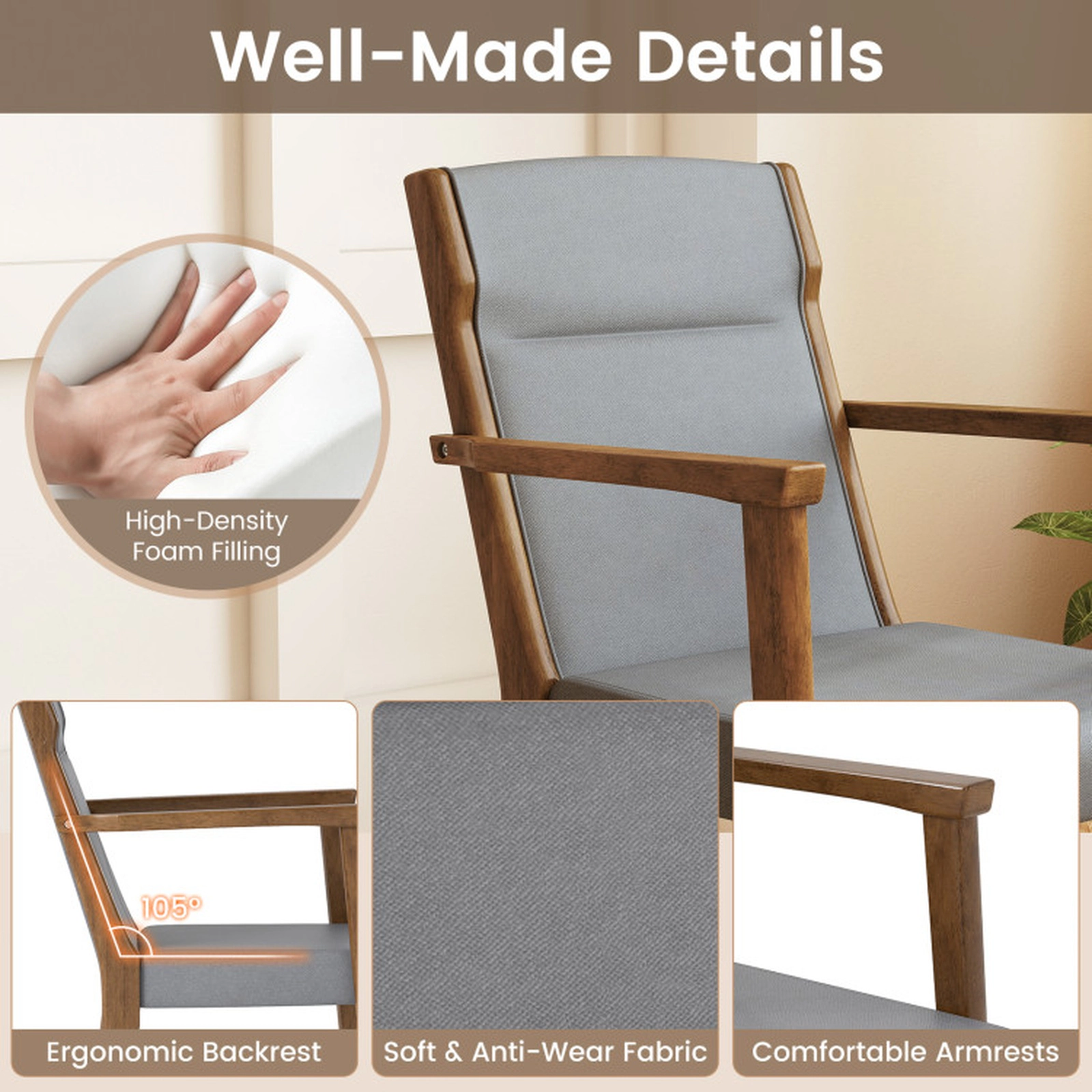 SUGIFT Gray High Back and Built-In Headrest Set of 2 Upholstered Wooden Accent Chairs