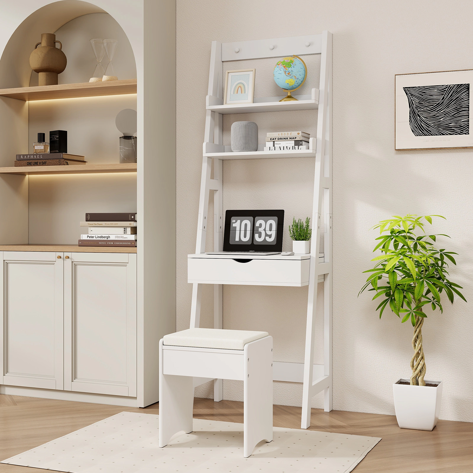 SUGIFT White Flip Top Mirror Hidden Storage Compartments and Cushioned Stool Vanity Desk Set